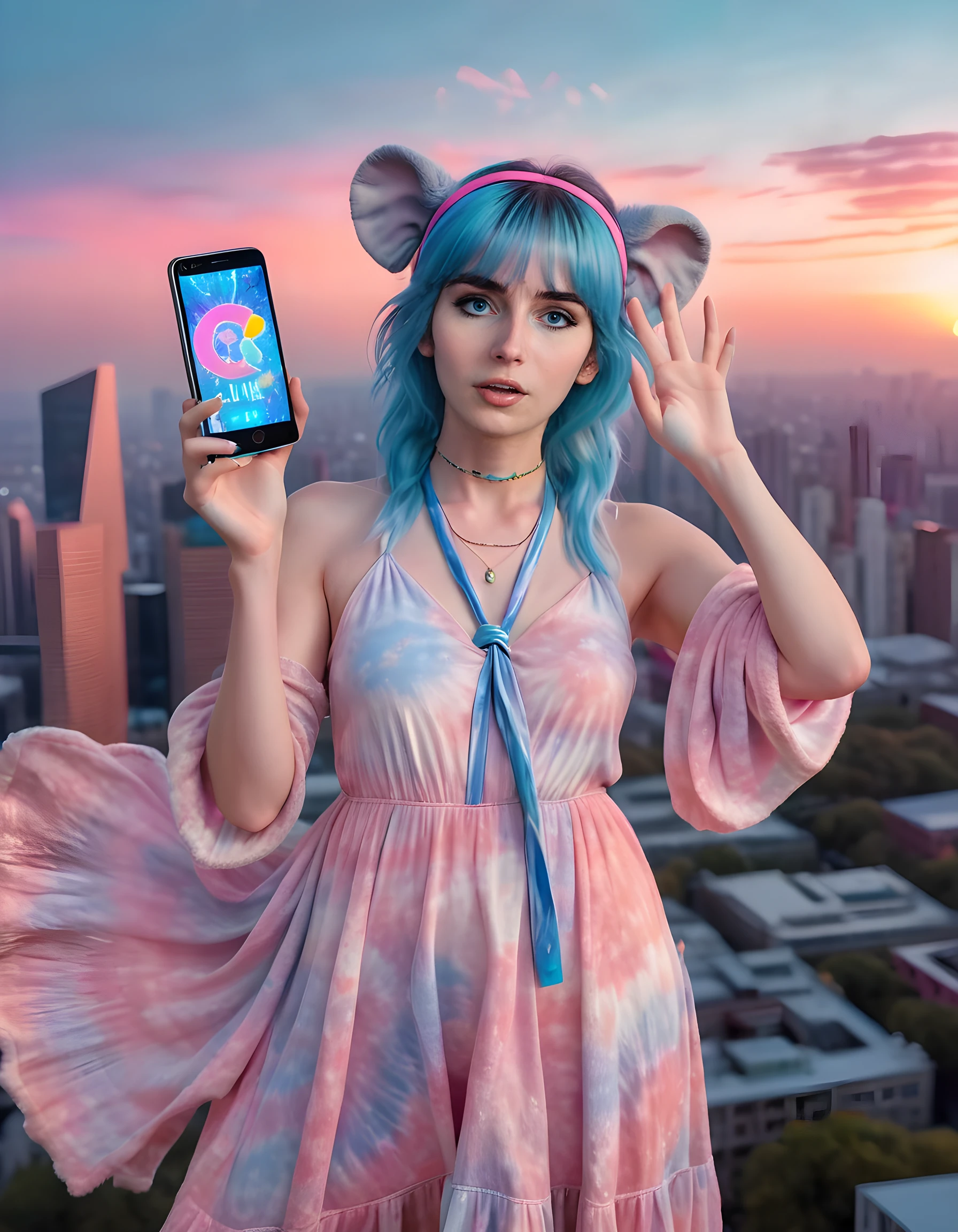 In a surreal, dream-like scene, the ethereal K41T, with her cascading, multicolored hair tied back by a vibrant hairband, strikes a whimsical pose with one hand raised in the universal \\\"ok\\\" sign. Her piercing blue eyes, accentuated by glowing, neon-blue eye shadow, are fixed on an ancient, vintage smartphone, its screen illuminating her captivating face. The other hand clutches a fluffy, plush toy elephant, its trunk curling around her slender fingers. She is dressed in a one-of-a-kind, flowing, tie-dye dress that shimmers under the soft, pastel pink glow of a setting sun. The background is a chaotic blend of urban cityscape and natural landscapes, with towering skyscrapers merging into rolling hills and lush forests. The emotional tone is a delicate balance between childlike wonder and mature sophistication, as if capturing the essence of an adult who has never lost their youthful spirit. The image is shot from a low angle, looking up at K41T, emphasizing her ethereal beauty and otherworldly presence.