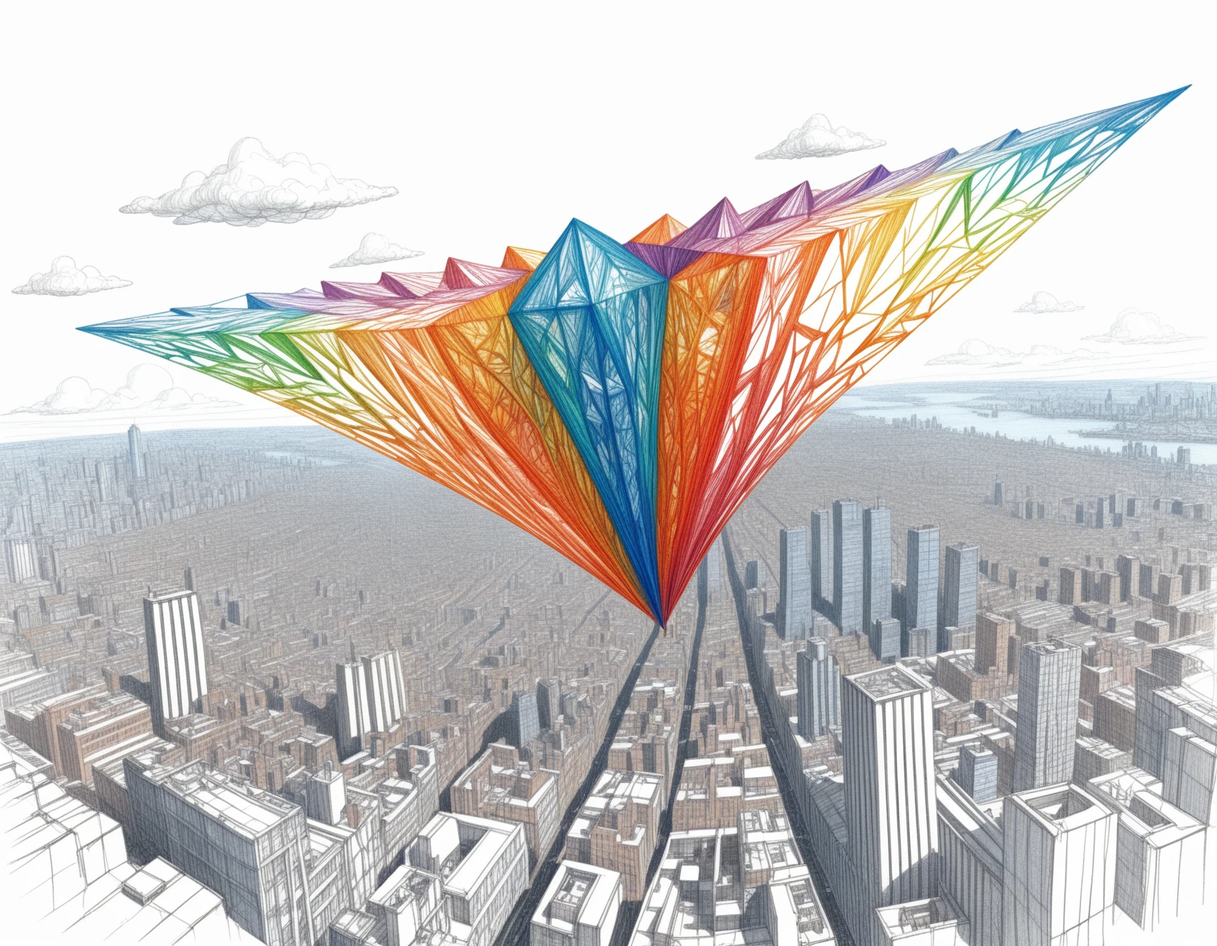 a fractal prism flying over the city, coloured pen sketch,