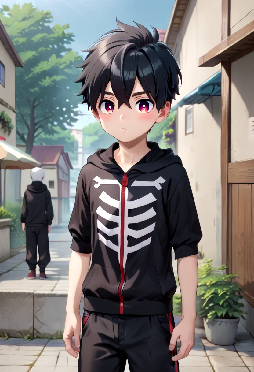 score_9, score_8_up, score_7_up,  BREAK
straight on shot, detailed eyes, village, standing,
<lora:kemono-jihen-kabane-kusaka-pony-v10:0.6> 1boy, kabane, black hair,black clothes, black hoodie with white skeleton theme, hood down, black pants, crimson eye color