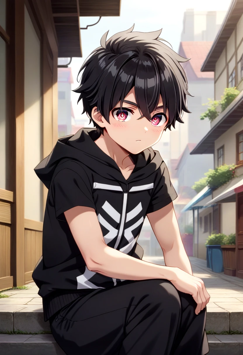 score_9, score_8_up, score_7_up,  BREAK
straight on shot, detailed eyes, village, sitting, , solo,
<lora:kemono-jihen-kabane-kusaka-pony-v10:0.6> 1boy, kabane, black hair,black clothes, black hoodie , hood down, black pants, crimson eye color