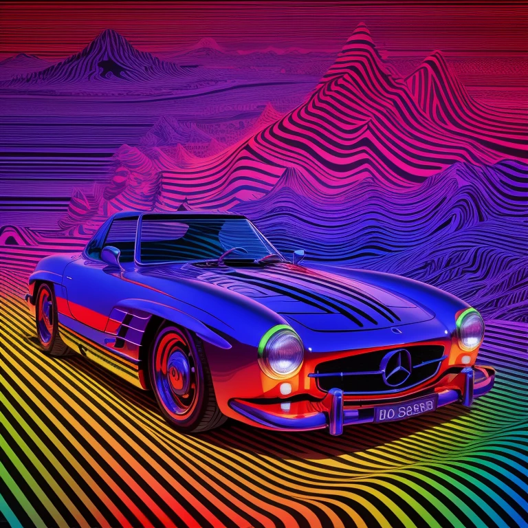 Vibrant contour horizontal lines, abstract, illustration of striped 300sl, psychedelia, hot uv colors, high contrast, Sharp, moiré, striped face, going fast, mountains that look like tits in the background