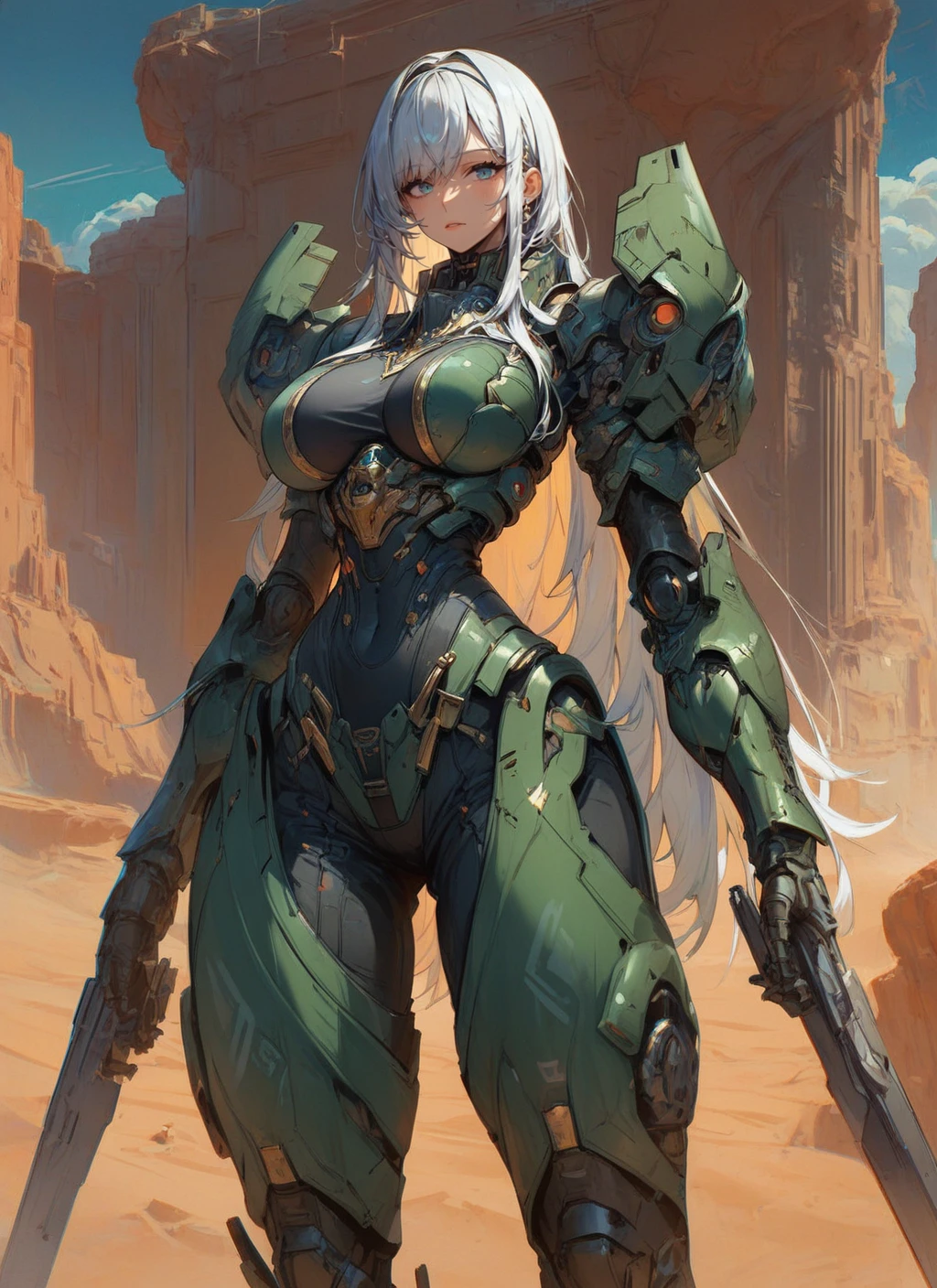 score_9, score_8_up, score_7_up, highly detailed, girl, large breasts, dark green armor, long white hair, looking at viewer, standing, mcnm, massive spaceship, desert, rating_questionable, BREAK best quality, masterpiece, e621, digital_art <lora:Mechanism-pdxl-1:0.75>