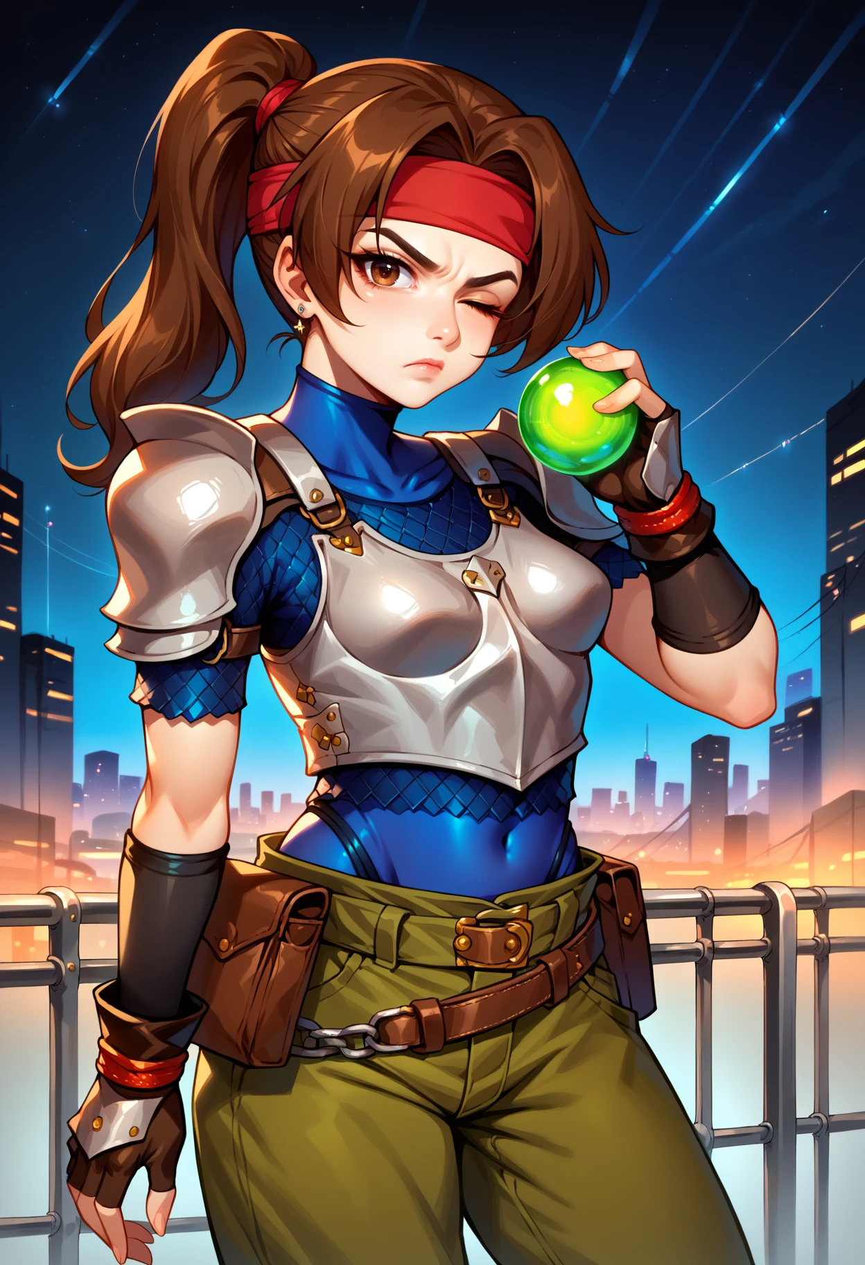 score_9, score_8_up, score_7_up, 1girl, solo, JessieFF7, brown hair, brown eyes, nose, ponytail, red headband, blue bodysuit, armor, chainmail, short sleeves, elbow gloves, fingerless gloves, belt, pouch, green shorts, baggy shorts, stud earrings, upper body, night, starry sky, covered navel, skin tight, looking through, materia, green orb, black background, hand up, green materia, serious, glowing, one eye closed, skyline, cityscape, train station, railroad tracks, depth of field, <lora:jessieff7-ponyxl-beta3-08:1>