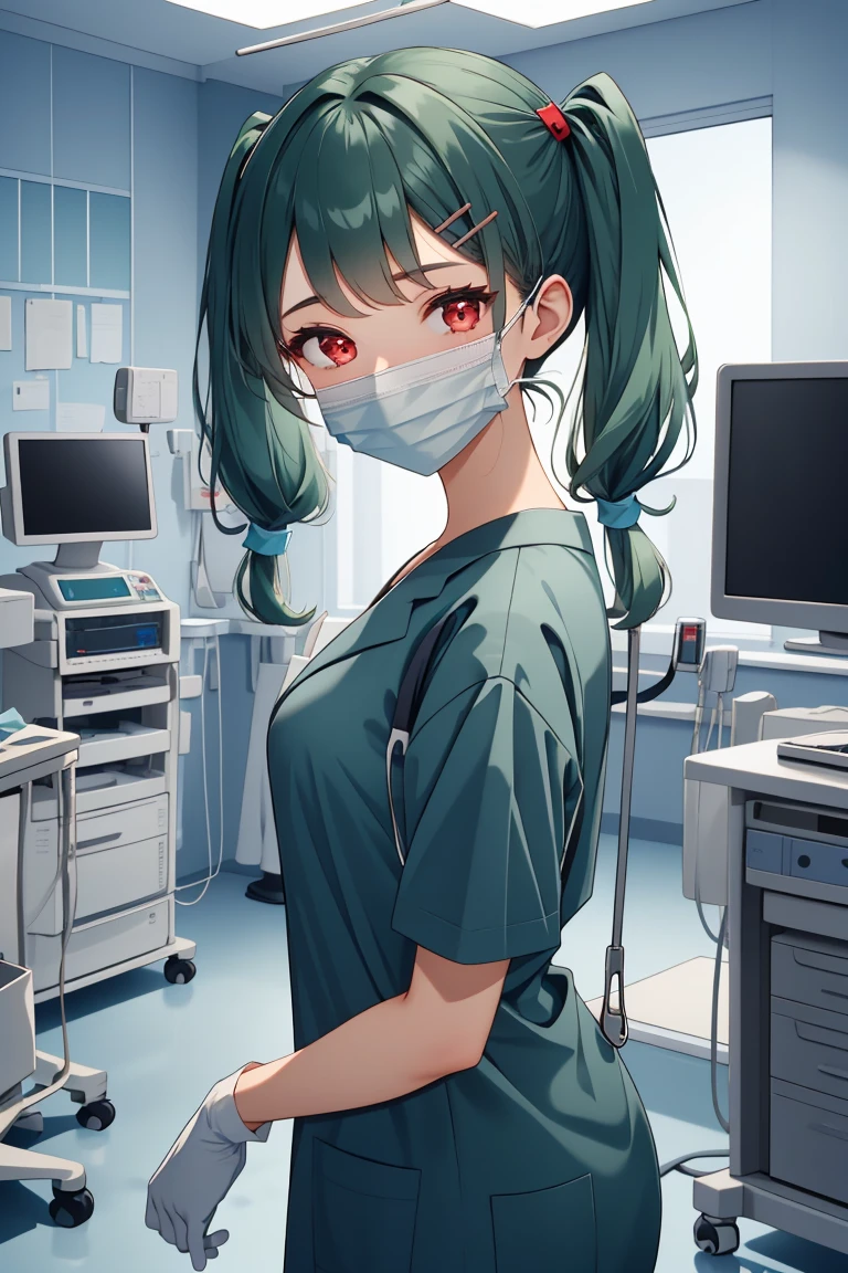 (RAW photo, best quality,facing the viewer,from front), operating room, overhead surgical light,blurred background, focused, dithering,backlighting,
 <lora:CM_doctor_surgeon_scalpel_V2.0-000004:0.8> doctor_surgscalpelpov, 1girl, solo, looking at viewer, white gloves, doctor, surgical mask,headwear,scalpel,
 <lora:Clare Sniders:0.7> clare sniders, oc ch9, 1girl, hair ornament, red eyes, twintails, hairclip, swept bangs, hair over shoulder, dark green hair, medium hair, small breasts, sidelocks,