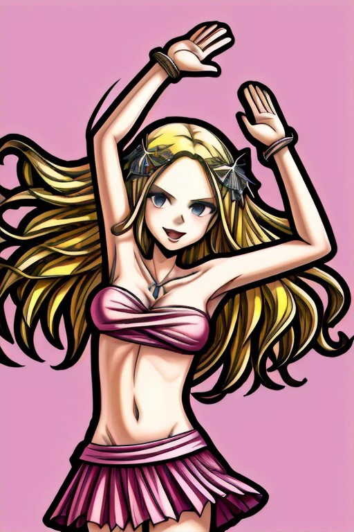 masterpiece_portrait, high quality, canvas, anime_art_style, cartoon,year 2014,isabella carrington, elite beat agents, 1girl, solo, blonde hair, long hair, hair ornament, arms up,midriff, tube top, bare shoulders,skirt,dancing