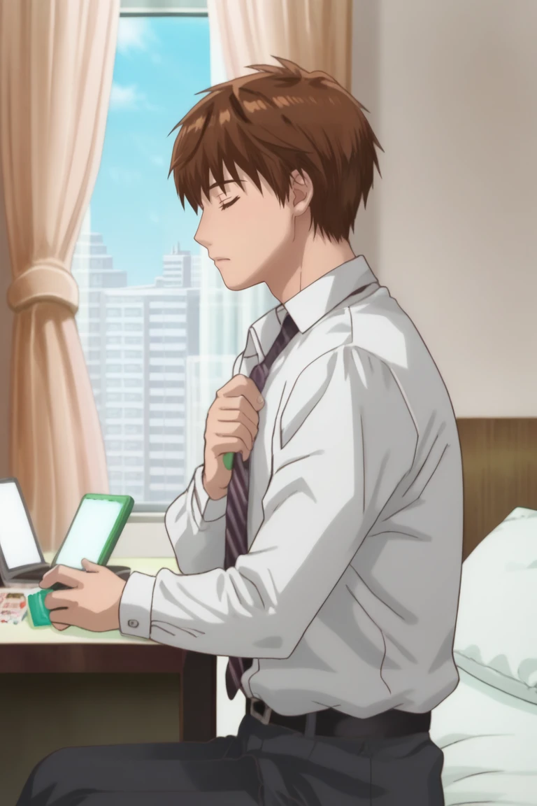 score_9, score_8_up, score_7_up, score_6_up, detailed, intricate details,cowboy shot,best quality ,source_anime, kazuya, brown hair, brown eyes, formal, suit, 1boy, male focus, necktie, solo, closed eyes, phone, bed, window, indoors, cellphone, bedroom, shirt, adjusting necktie, pillow, sitting, computer, curtains, chair, white shirt, jacket removed, jacket, sky<lora:EMS-409517-EMS:1.000000>