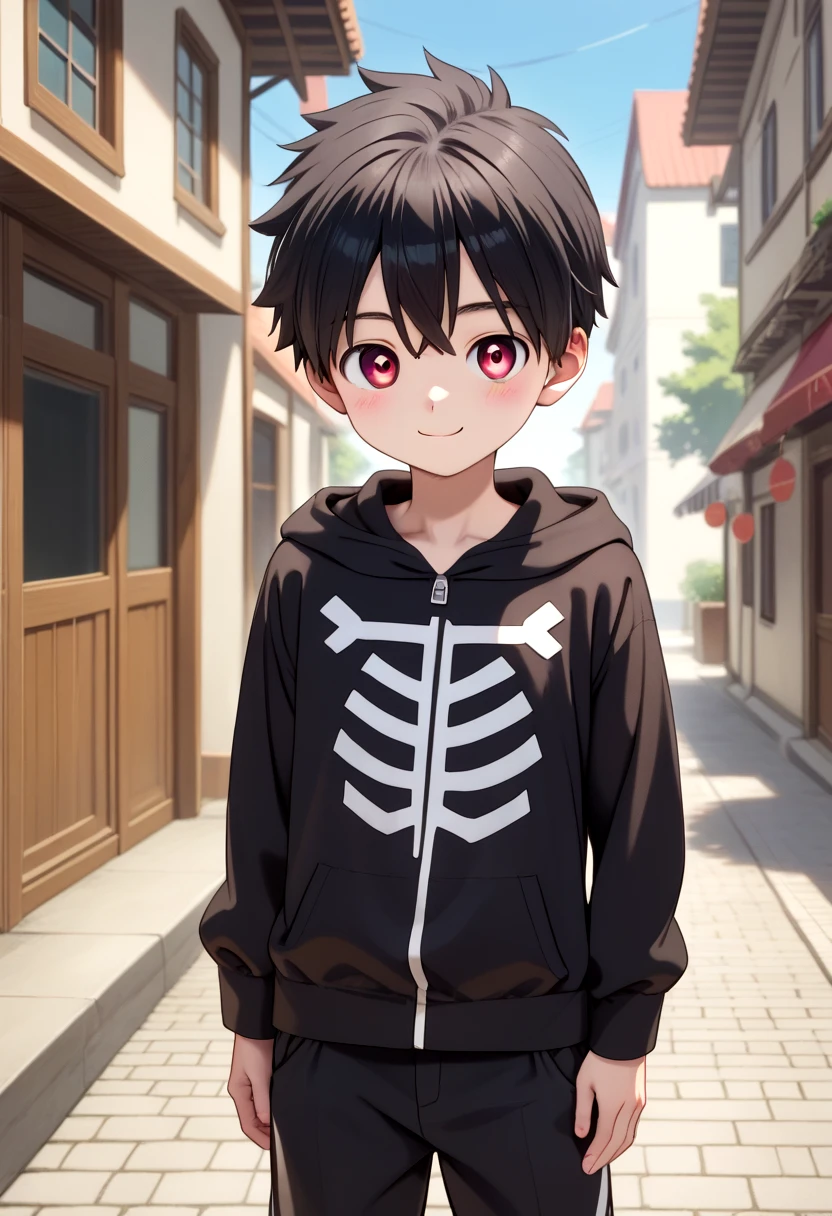 score_9, score_8_up, score_7_up,  BREAK
straight on shot, detailed eyes, village, , smile,, solo, petite,young,  
<lora:kemono-jihen-kabane-kusaka-pony-v10:0.5> 1boy, kabane, black hair,black clothes, black skeleton hoodie, hood down, black pants, crimson eye color