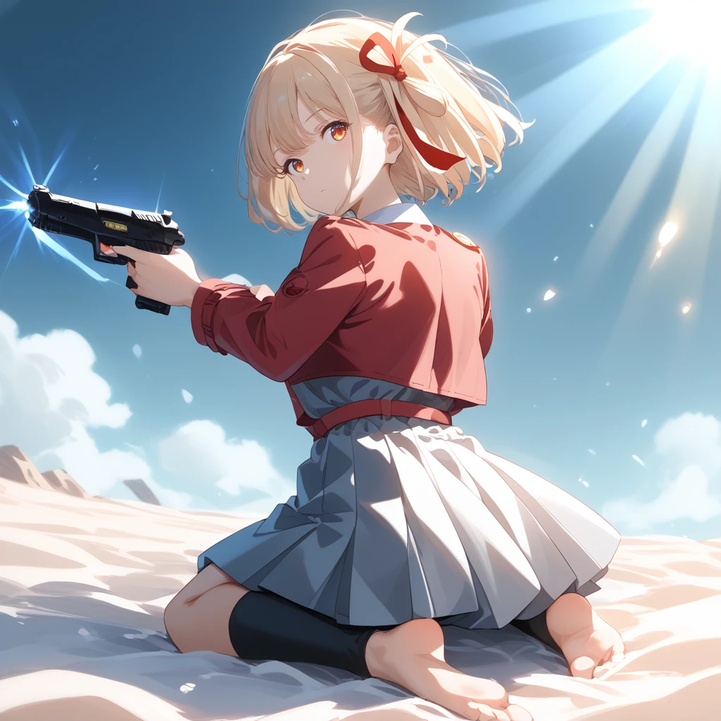 score_8_up, score_7_up, source_anime
nishikigi chisato, 1girl, lyu
holding weapon, holding gun
Sunlight so strong that you can't open your eyes, midsummer, light, flare, shimmer, intense light, white glow, brilliance, shimmer
looking back
Kneeling
reaching out
desert flower
evil
<lora:NishikigiChisato_sdxl:1>