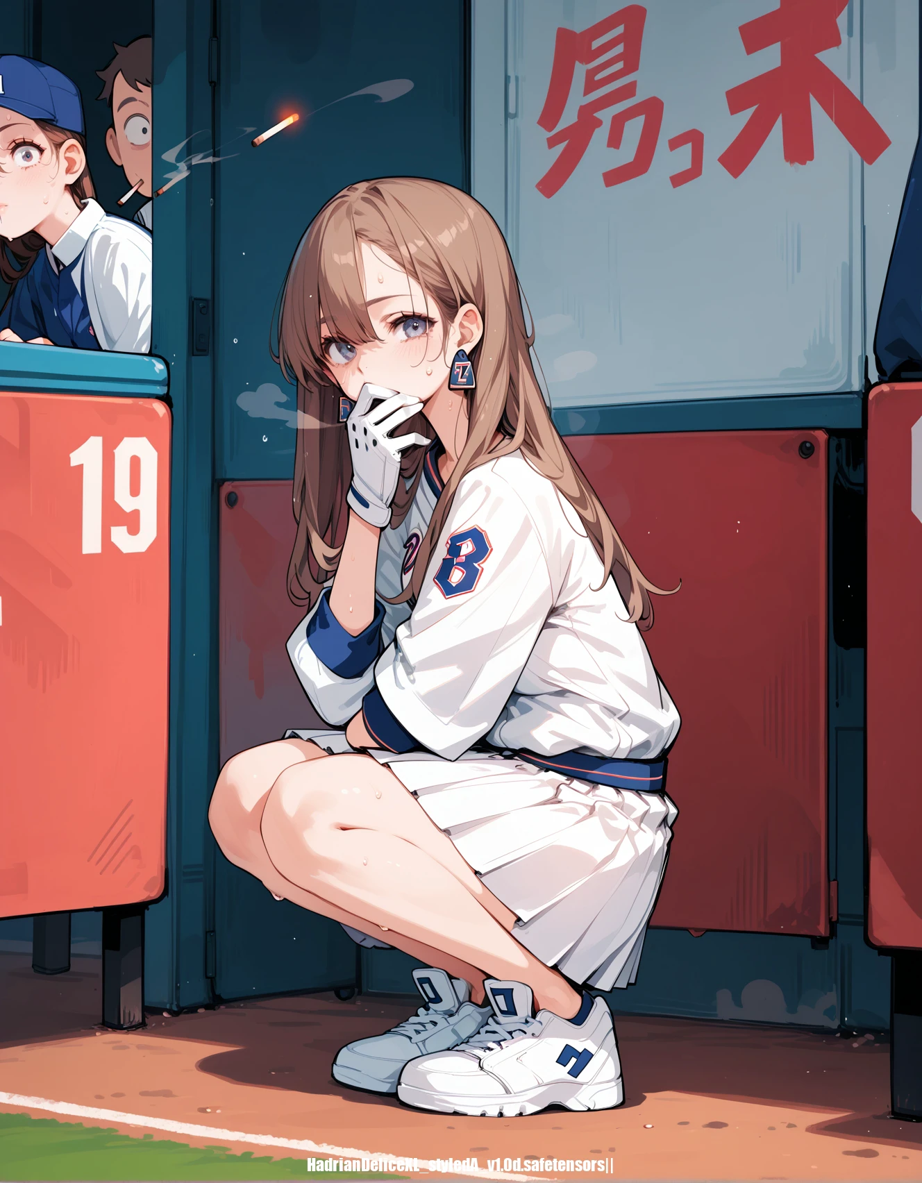 score_9,score_8_up,score_7_up, ,, 1girl,solo focus, white baseball uniform, white sneakers,white skirt, brown hair, long hair,squatting, stealth,[cigarette], hand over mouth,sweat,looking at viewer, realistic, highres,