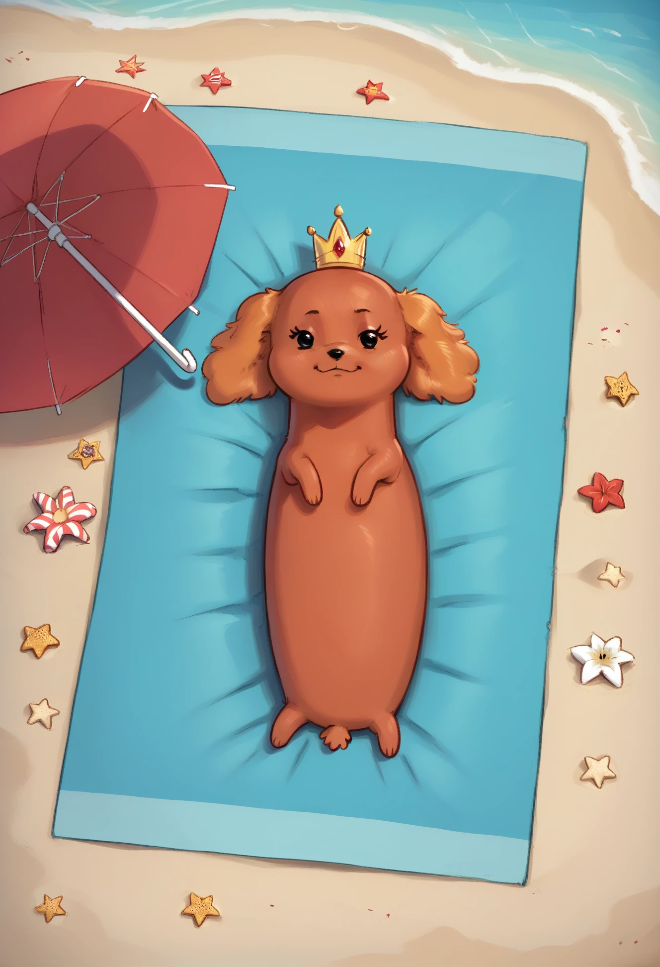 score_9, score_8_up, score_8,  <lora:Hot_Dog_Princess_Adventure_Time_for_PonyXL:0.8> crown, 1girl, dachshund, h0td0gprincess, black eyes, on beach, towel, umbrella,