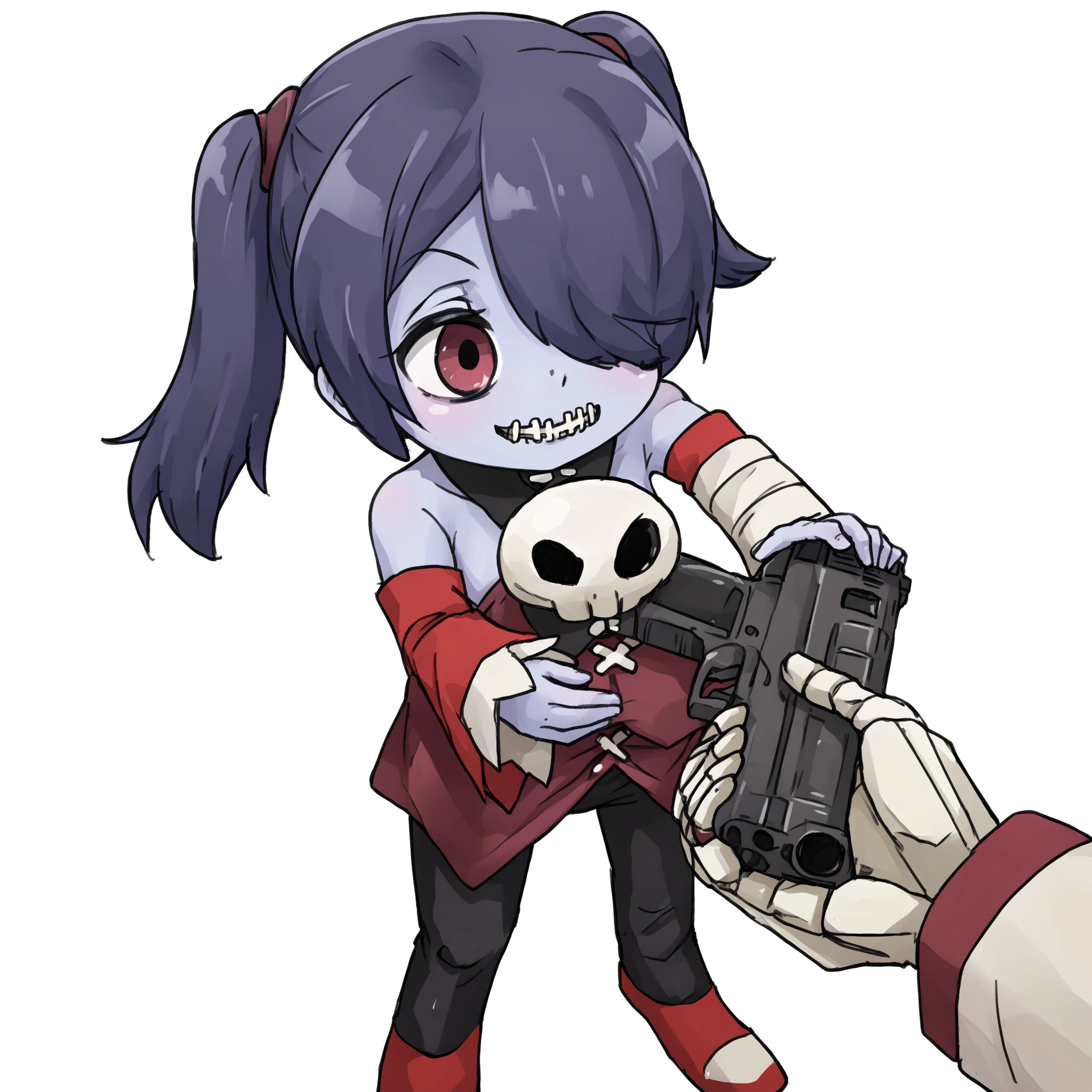 1girl, Squigly, hair over one eye, stitched_mouth, side ponytail, detached collar, colored skin, skull, zombie, holding gun, Go do a crime, , <lora:f841ebb3-35dd-43e6-8764-e70f054baa9e:0.7>, <lora:633cc171-ba93-4c39-8d2d-c6d0dc488299:0.7>