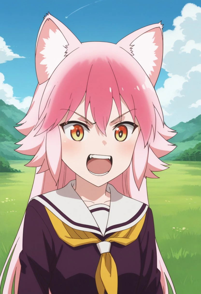 Score_9, Score_8_up, Score_7_up, Score_6_up, Score_5_up, Score_4_up, source_real, ranka, 1girl, animal ears, wolf girl, wolf ears, wolf tail, tail, , pink hair, skirt, long hair, animal ear fluff, serafuku, pleated skirt, neckerchief, anime style, cum in mouth