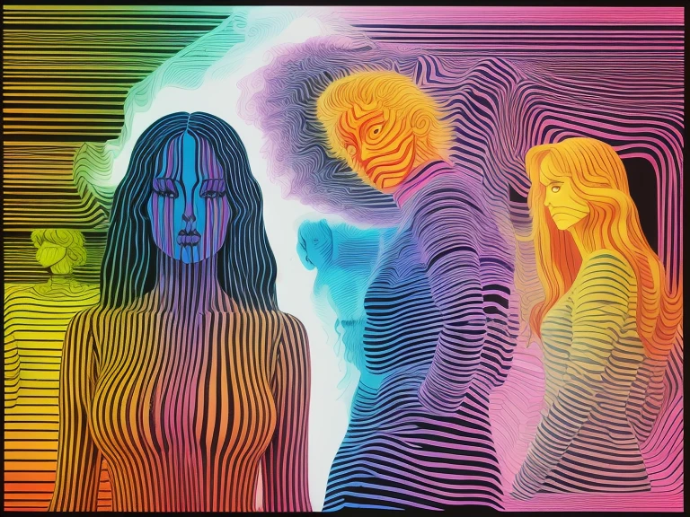 Vibrant contour horizontal lines, abstract, man with girld friend looking back at hot girl, psychedelia, hot uv colors, high contrast, Sharp, moiré