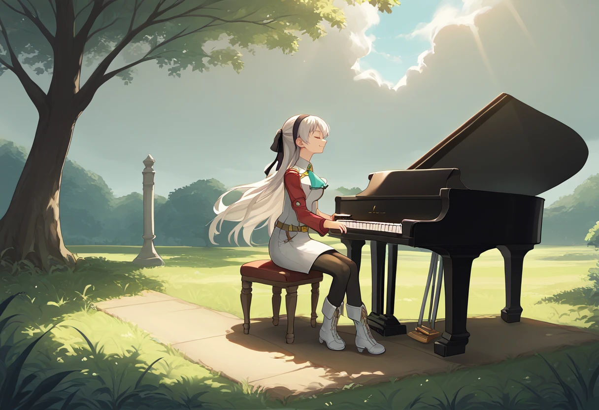 score_9, score_8_up, score_7_up, source_anime BREAK 1girl, solo, <lora:grandpiano-concept-richy-v1_pdxl:1.0> grand piano, sitting, <lora:elie-pdxl-nvwls-v1-000006:1> zeroElie, black hairband, hair ribbon, long hair, ascot, uniform, long red sleeves, white dress, pencil skirt, belt, black pantyhose, white boots, full body, outdoors, tall grass, closed eyes, closed mouth, smile, (head back:0.3), dappled sunlight, cloudy sky,