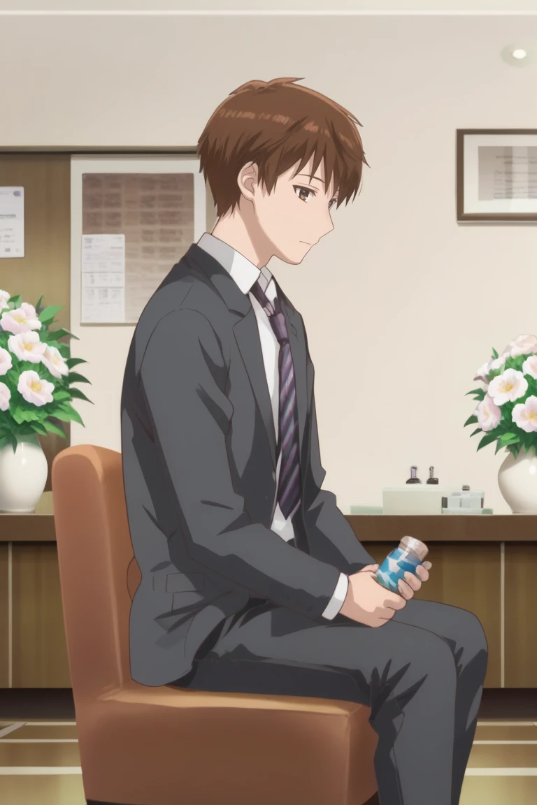 score_9, score_8_up, score_7_up, score_6_up, detailed, intricate details,cowboy shot,best quality ,source_anime, kazuya, brown hair, brown eyes, formal, suit, 1boy, male focus, solo, sitting, necktie, flower, vase, indoors, pants, jacket, chair, short hair, white shirt, shirt, long sleeves, holding, black pants, striped necktie, looking at viewer<lora:EMS-409517-EMS:1.000000>