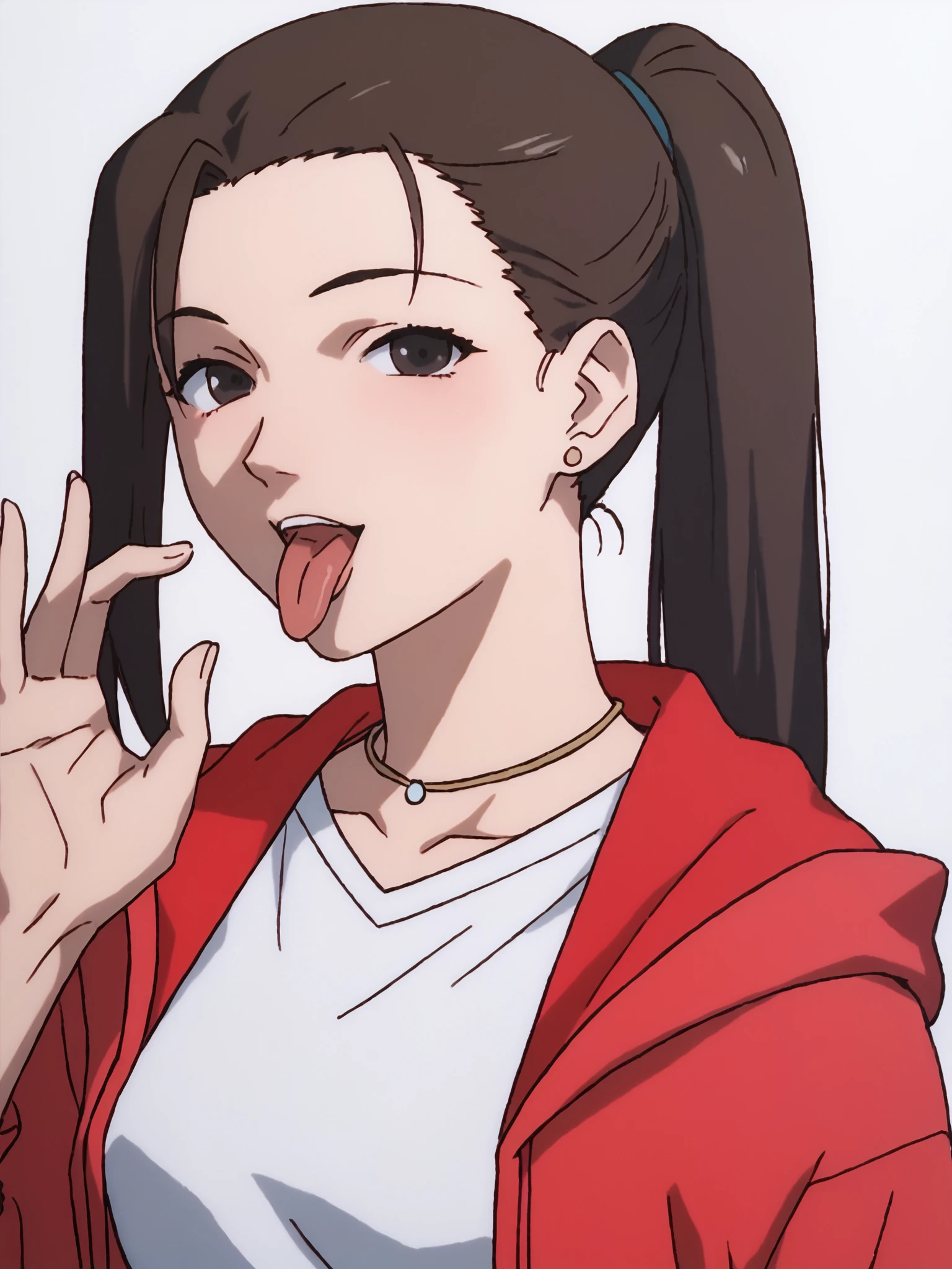 woman, 20 y/o, 20 year old woman, score_7_up, score_8_up, score_9, masterpiece, perfect hands, high quality, white background, <lora:Iwakura_Mika_PDXLv0b:0.7> iwakura mika, red hoodie, white shirt, necklace, ponytail, <lora:Pony_Felliatio-Gesture-14:1> fellatio gesture, tongue out