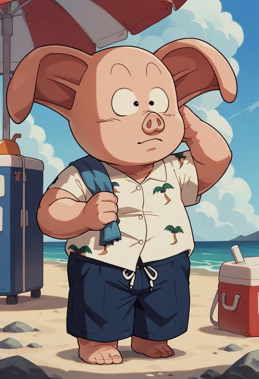 score_9, score_8_up, score_8,   <lora:Request_Oolong_Dragon_Ball_for_PonyXL:0.8> male focus, 1boy, pig man, 0olong, animal ears, shirt, pants, solo,  beach, swim trunks, towel, umbrella,