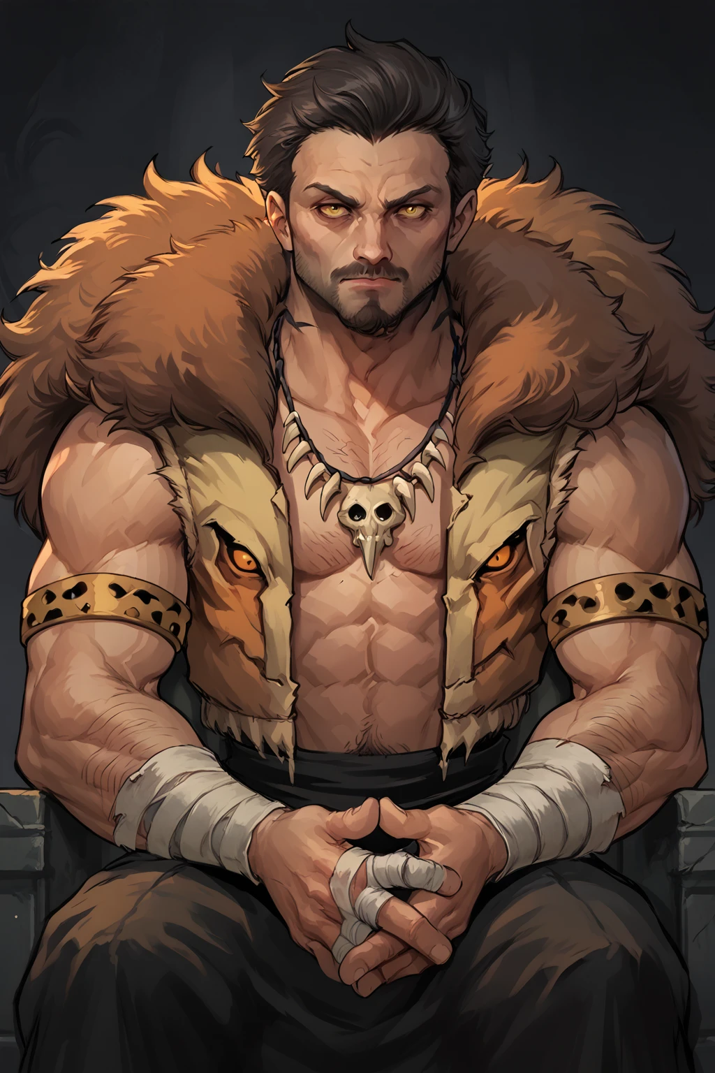 score_9, score_8_up, score_7_up, masterpiece, high quality, BREAK
 <lora:Kraven the HunterPonyLoRA:1>kravn, beard, short hair, fur trim, vest, tooth necklace, bandages, armlet, sitting on a throne of skulls and bones, praying hands, dark, black background, light from below, bend forward, grim look, upper body, portrait