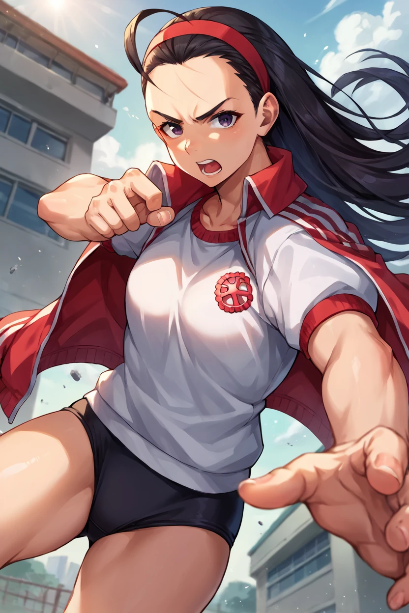 score_9, score_8_up, score_7_up, source_anime BREAK 1girl, solo, justice_iintyo, red gym uniform, open jacket, white shirt, black buruma, forehead, red hairband, black hair, long hair, looking at you, (serious:0.5), open mouth, fighting stance, school, rooftop <lora:justice_iintyo:1>