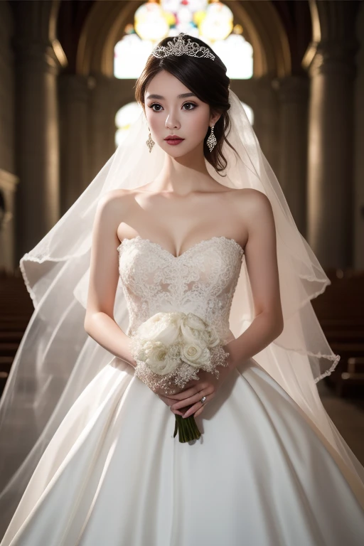 ltra-detailed,highly detailed,best quality,masterpiece,illustration,realistic,photorealistic,
1girl, solo, bride, bare shoulders,
hunsha, wedding dress, bridal veil,  gown, long dress, 
jewelry, earrings, tiara, 
looking at viewer, cowboy shot, standing,  own hands together,
indoors, cathedral, 
 <lora:hunsha_v2_01:0.8>