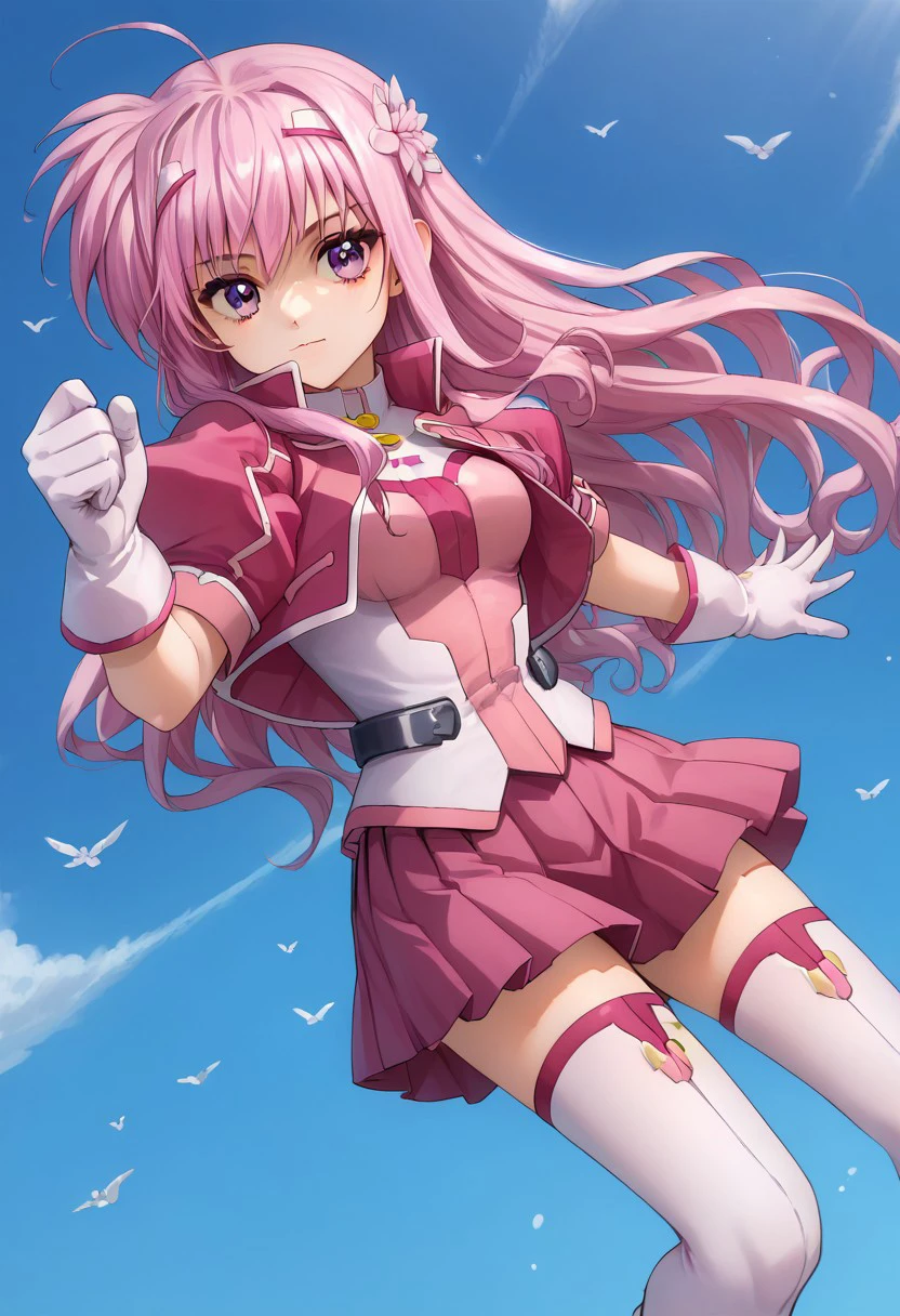 score_9, score_8_up, score_7_up, source_anime, good anatomy, solo, 1girl, kyrie florian, pink hair, long hair, hairband, white hairband, flower, pink eyes, cropped jacket, pink jacket, puffy sleeves, short sleeves, open jacket, pink shirt, pink skirt, pleated skirt, white gloves, white thighhighs, white boots, flying kick