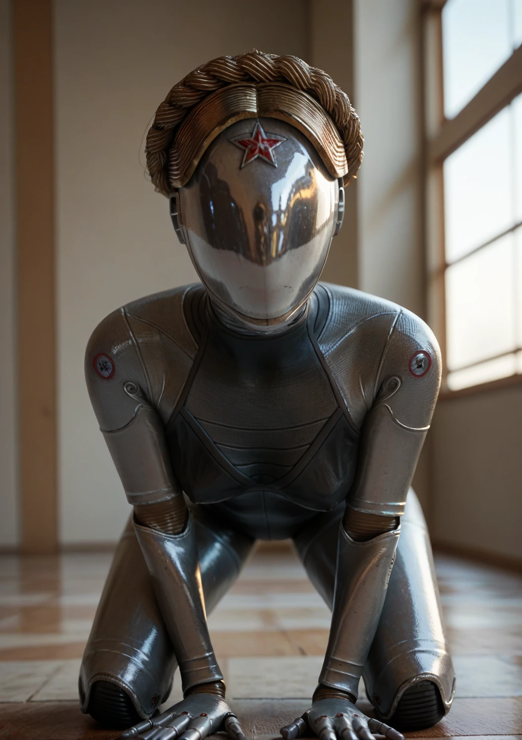 <lora:Pony_DetailV1.0:2>looking at the viewer, helmet, robot, sun light at the background window, marble floor, on knees, hands on thighs, black latex <lora:The_Twins:0.8> the_twins(ah), score_9, score_8_up, score_7_up, score_6_up, score_5_up, score_4_up