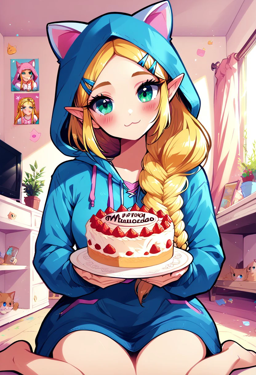 score_9, score_8_up, score_8, medium breasts, (curvy), cute, eyelashes,     pastel, 
BREAK, zzHoldingCake, 
1girl, solo, long hair, looking at viewer, blush, green eyes, long sleeves, holding, animal ears, sitting, blonde hair, hair clips, princess zelda, braid, barefoot, indoors, cat ears, hood, bare legs, single braid, hoodie, fake animal ears, hair over shoulder, hood up, animal hood, drawstring, controller, indian style, television, blue hoodie, cat hood, smile, blush, head tilt, 
,zPDXL,