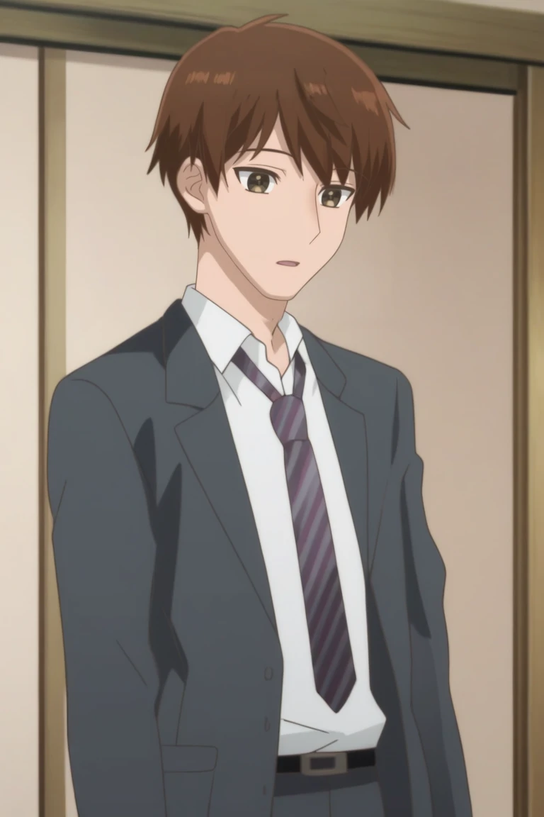 score_9, score_8_up, score_7_up, score_6_up, detailed, intricate details,cowboy shot,best quality ,source_anime, kazuya, brown hair, brown eyes, formal, suit, 1boy, male focus, solo, school uniform, shirt, white shirt, jacket, collared shirt, anime coloring, indoors, kita high school uniform, necktie, winter uniform, open mouth, fake screenshot, short hair, bangs, parted lips, parody, blazer, score_5_up<lora:EMS-409517-EMS:1.000000>