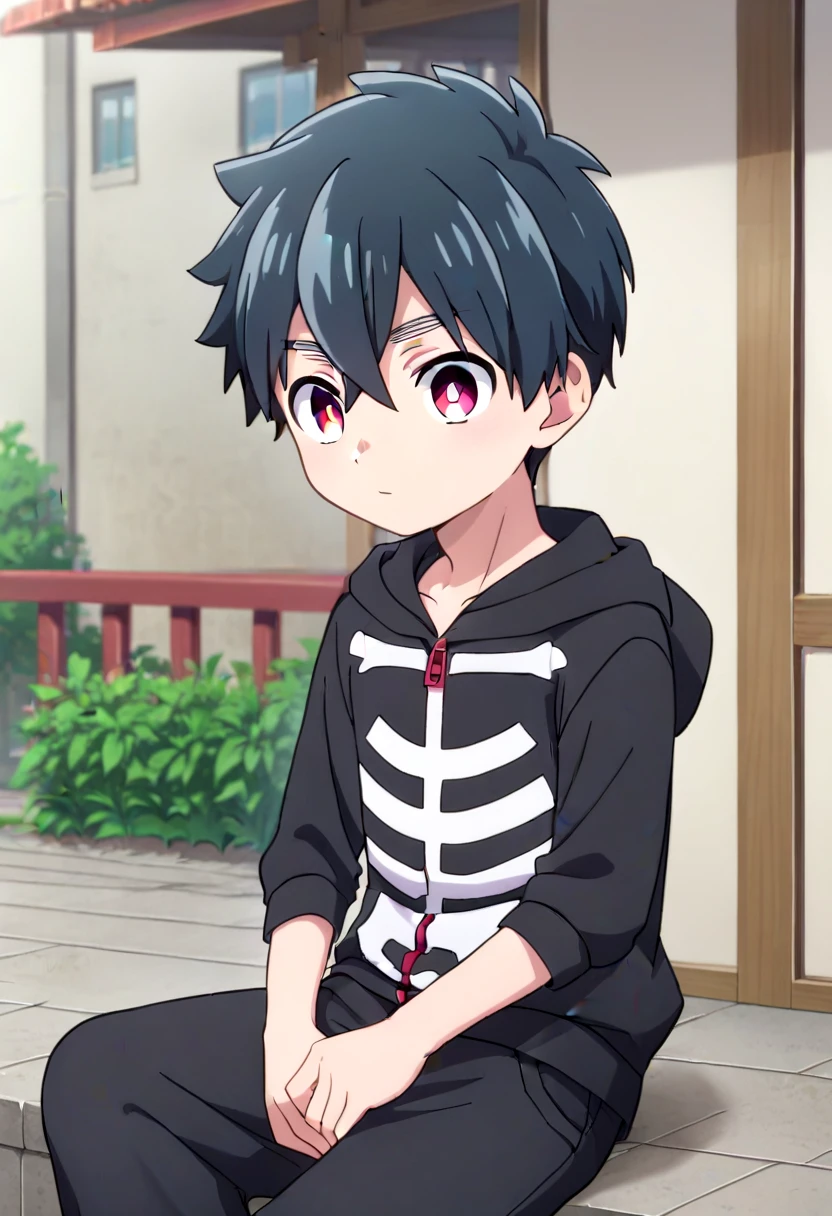 score_9, score_8_up, score_7_up,  BREAK
straight on shot, detailed eyes, village, sitting, , solo, petite,young,  
<lora:kemono-jihen-kabane-kusaka-pony-v10:0.6> 1boy, kabane, black hair,black clothes, black hoodie, hood down, black pants, crimson eye color