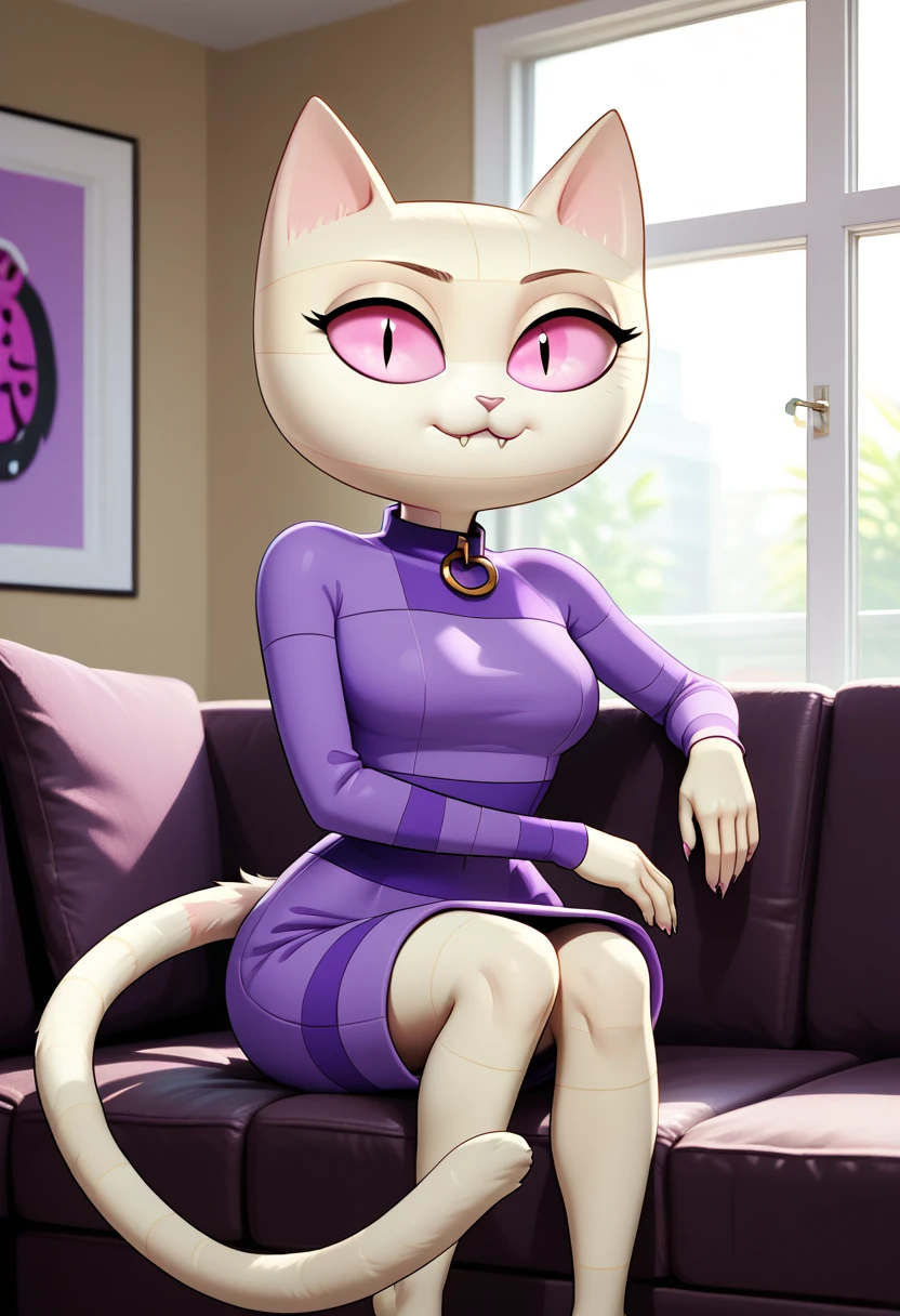 score_9, score_8_up, score_8, <lora:Me-Mow_Adventure_Time_for_PonyXL:0.8> 1girl, cat girl, mem0w, wrappings, tail, pink eyes, sitting on couch, living room, window, purple outfit