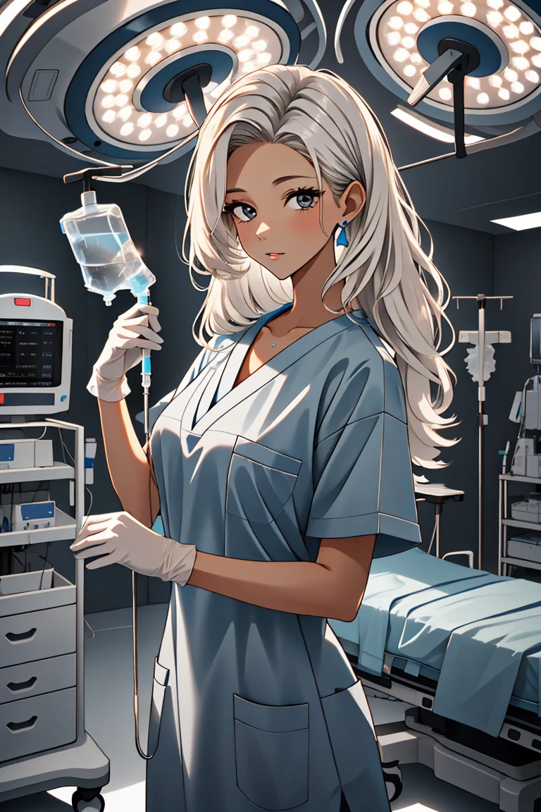 (RAW photo, best quality,facing the viewer,from front), operating room, overhead surgical light,blurred background, focused, dithering,backlighting,
 <lora:CM_Nurse_Setting_IV_Surgery_V2.0-000004:0.9> nurse iv setting, 1girl,solo, intravenous drip, hospital bed, white gloves, looking at viewer,
 <lora:Marylin_Croze_CSTC_V1.0:0.7> marylin croze,long hair,blonde_hair,gradient hair,dark_skin, mature female,gray_eyes,