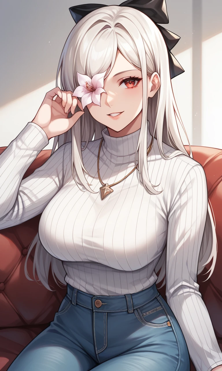 score_9, score_8_up, score_7_up, score_6_up, source_anime, BREAK masterpiece, ZERODRAK, white hair, hair bow, flower over eye, smile, parted lips, sitting, couch, white turtleneck, necklace, breasts, striped clothes, jeans, looking at viewer, upper body, close-up, 