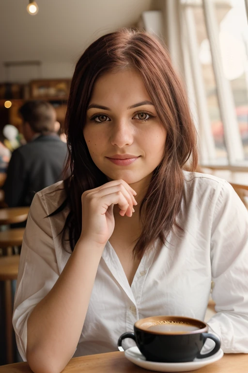 <lora:Iga:0.8> full color portrait of a young  woman, having coffee at a vintage cafe, natural light, RAW photo, subject, 8k uhd, dslr, soft lighting, film grain, Fujifilm XT3, Nikon D850