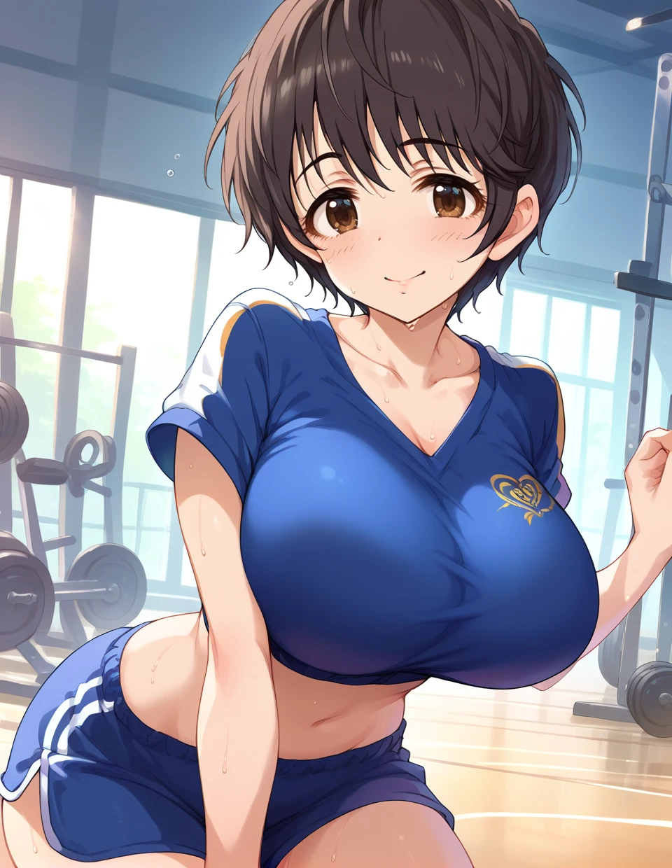 1girl,<lora:oikawashizuku_pony:1>,Oikawa Shizuku,idolmaster cinderella girls,black hair,brown hair,brown eyes,very short hair,large breasts,blush,sweat,gym_uniform,, score_9,score_8_up,score_7_up,score_6_up,score_5_up,score_4_up,