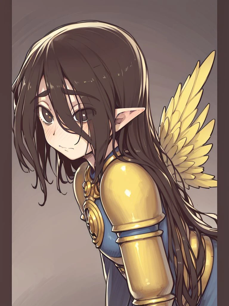 (masterpiece, absurdres, realistic), 1girl, asakura pointy ears, elven gold winged armor, closed mouth, solo, (dark castle background:1.2),  <lora:Asakura_1.1:0.8>