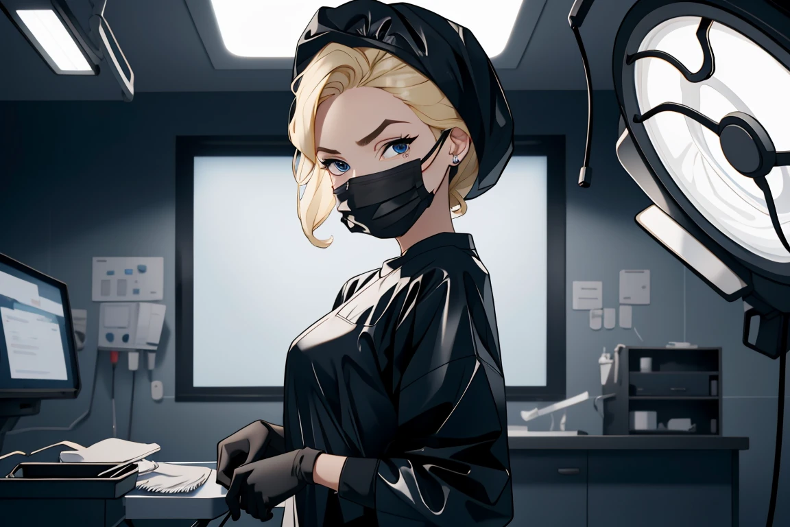 (RAW photo, best quality,facing the viewer,from front), operating room, overhead surgical light,blurred background, focused, dithering,backlighting,
 <lora:CM_doctor_surgeon_blackRubber_V2.0-000004:0.8> doctor_surgblackrubber, 1girl, solo, black dress, black gloves,latex, black headwear, mask, looking at viewer,long sleeves, long dress, 
 <lora:helga:0.8> helga 1girl,1girl,solo, blonde hair, makeup, blue eyes,