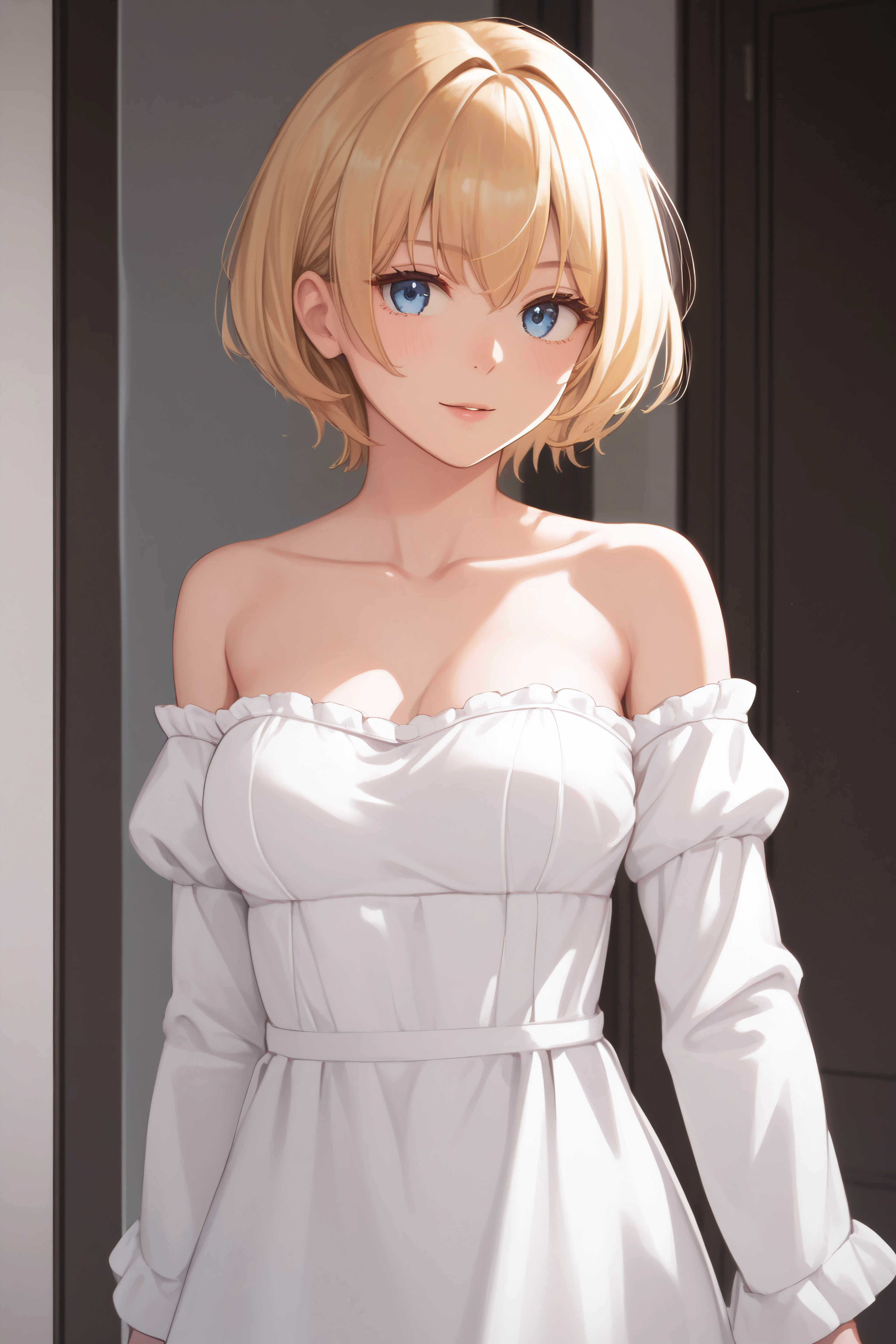 score_9, score_8_up, score_7_up, BREAK source_anime, <lora:Arte-PonyXL-lora-Faxtron:0.8> arte, blue eyes, blonde hair, short hair, medium breasts, long white dress, collarbone, long sleeves, bare shoulders,