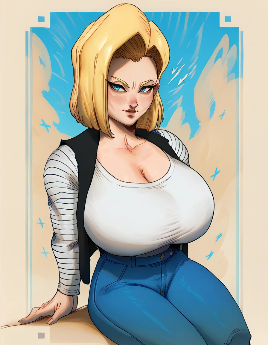 score_9, score_8_up, score_7_up,
redpandawaifuxl, 1girl, solo, long hair, breasts, looking at viewer, rp background,
android18sdxl, short hair, blonde hair, android 18, blue eyes, vest, long sleeves, jeans,huge breasts, 
 <lora:epoch-000005:1>,    <lora:18:0.7>