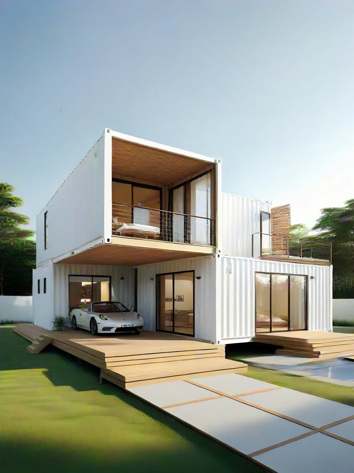 Architectural style <lora:JJsContainerHouse_XL:.8>,   ((Container House)), ((masterpiece)), ((best quality)), scenery, real world location,  realistic,  high detailed, , soft lighting, clear sky, road, lawn, (white),bird, sunshine, car, wood, . Clean lines, geometric shapes, minimalist, modern, architectural drawing, highly detailed