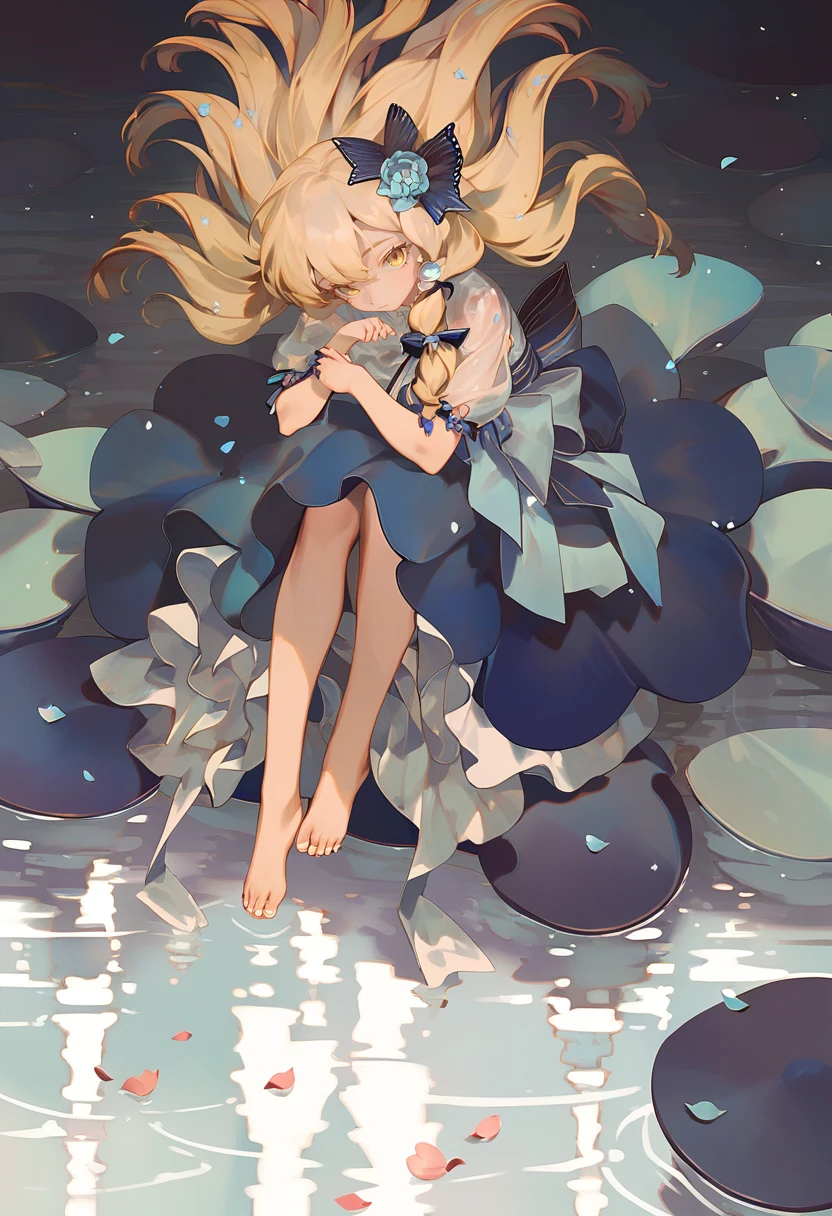 score_9, score_8_up, score_7_up, score_6_up, <lora:rei_XLP6_lokr_V4312:0.95> 1girl, solo, barefoot, long hair, blonde hair, flower, hair ornament, yellow eyes, hair flower, blue flower, short sleeves, dress, petals, skirt, bow, puffy sleeves, looking at viewer, blue skirt, full body, closed mouth, shirt, puffy short sleeves, floating hair, hair bow, bare legs, water, white shirt, feet, see-through, sitting, toes, ribbon, ripples
