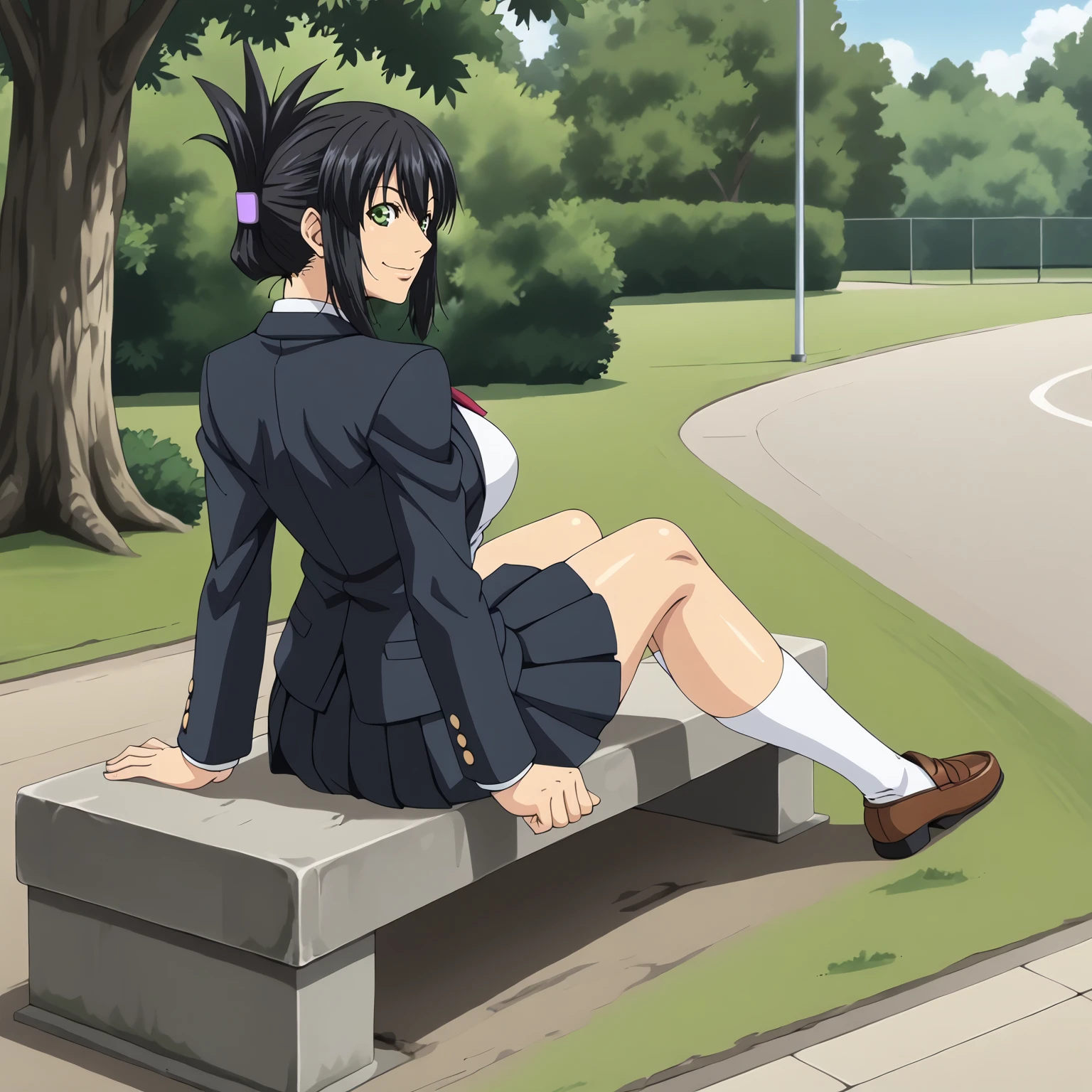 <lora:SakiTakanashiXLpony001>,
smile,
solo,
SakiTakanashi,1girl,black hair,folded ponytail,green eyes,
large breasts,
school_uniform,blazer,white shirt,
pleated_skirt,black skirt,
outdoors,
full body,sitting,looking back,