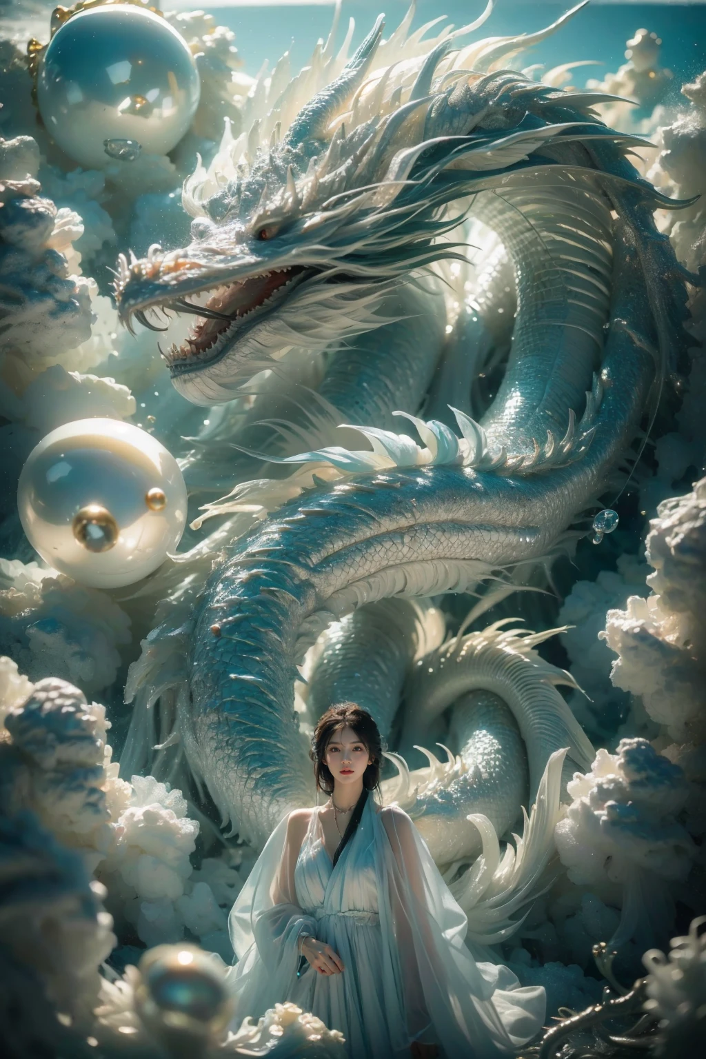 photorealistic,realistic,photography,masterpiece,best quality,ultra-detailed,extremely detailed CG unity 8k wallpaper,(reality: 1.4),1girl,solo, standing,black hair,long hair,hair ornament,looking at viewer,solo,long sleeves,blue sky,dress,jewelry,see-through,any cloud,blue dragon, one eastern dragon,((light blue)),<lora:JAY - BLUE DRAGON:0.8>,overview,, (best quality:1.3)