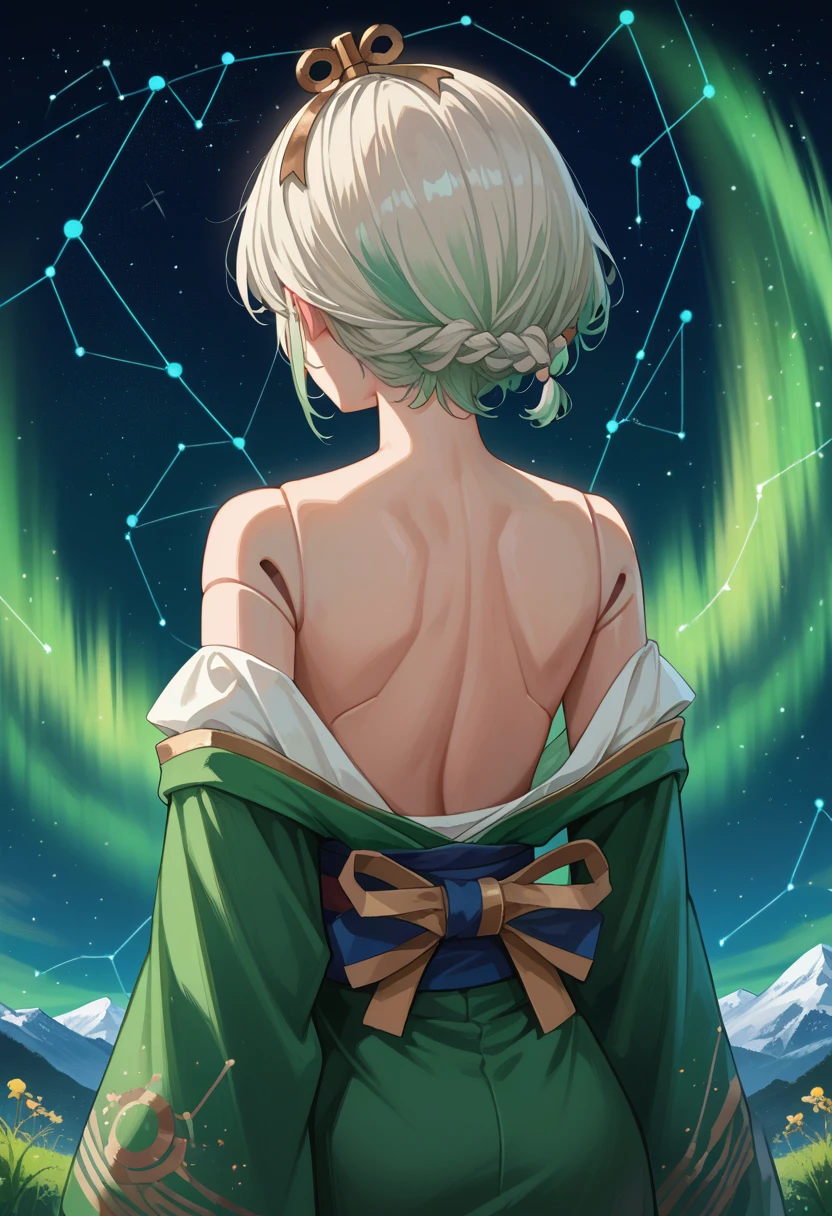 score_9, score_8_up, source_anime, 1girl, solo, CeciliaImmergreen, hair ornament, doll joints, short hair, braid, aurora, back, bare back, bare shoulders, constellation, from behind, kimono, light particles, long sleeves, off shoulder, <lora:ChamCeciliaImmergreenPonyXL:1>