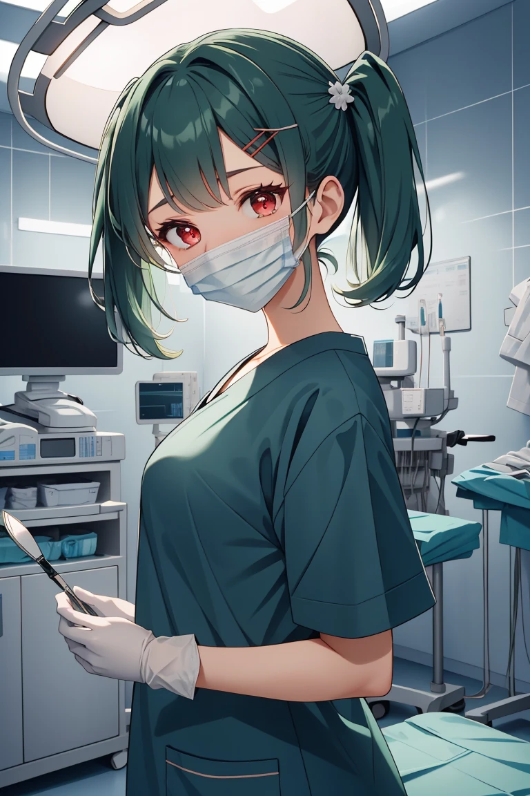 (RAW photo, best quality,facing the viewer,from front), operating room, overhead surgical light,blurred background, focused, dithering,backlighting,
 <lora:CM_doctor_surgeon_scalpel_V2.0-000004:0.8> doctor_surgscalpelpov, 1girl, solo, looking at viewer, white gloves, doctor, surgical mask,headwear,scalpel,
 <lora:Clare Sniders:0.7> clare sniders, oc ch9, 1girl, hair ornament, red eyes, twintails, hairclip, swept bangs, hair over shoulder, dark green hair, medium hair, small breasts, sidelocks,