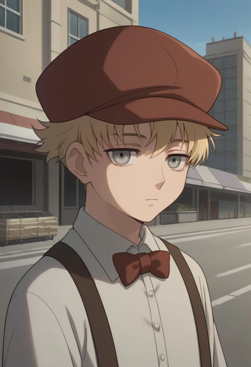 score_9, score_8_up, source_anime, highly detailed, 
july_d, solo, hat, blonde hair, expressionless, grey eyes, 1boy, male focus, looking at viewer, suspenders, bow, bowtie, shirt, white shirt, upper body
outdoor, street, buildings, sky,