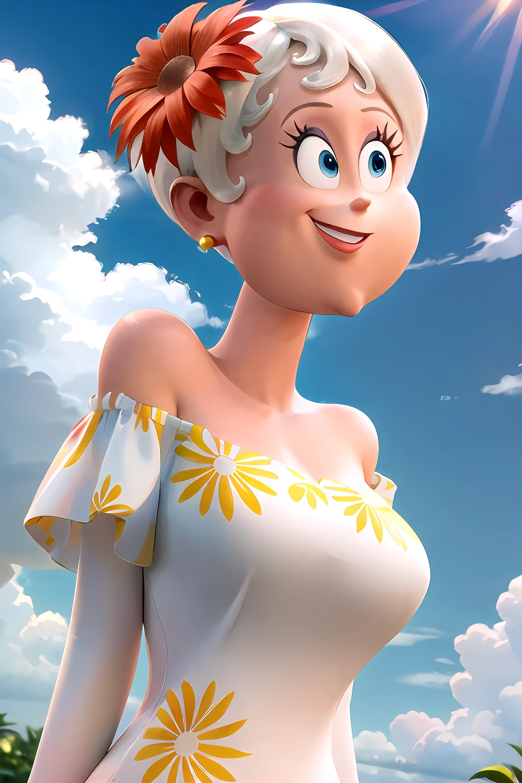 <lora:SC-HT_EVHelsing:1>, ht3vh3ls1ng, masterpiece, best quality, 1girl, upper body, bare shoulders, strapless shirt, floral print, hair ornament, hair flower, earrings, short hair, white hair, smile, outdoors, blue sky