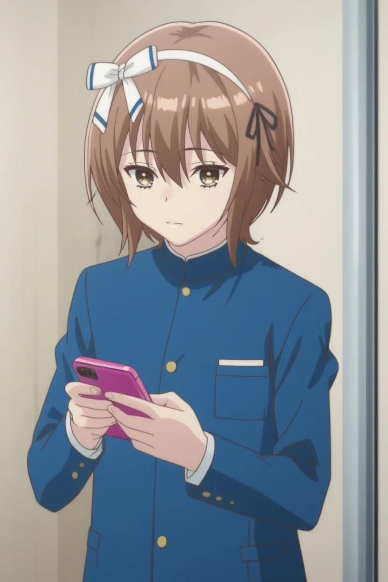 score_9, score_8_up, score_7_up, score_6_up, detailed, intricate details,cowboy shot,best quality ,source_anime, shun, brown hair, brown eyes, hairband,hair ribbon, 1boy, blue school uniform, solo, short hair, phone, cellphone, holding, upper body, holding phone, long sleeves, closed mouth, jacket, smartphone, hair between eyes, gakuran<lora:EMS-409526-EMS:1.000000>