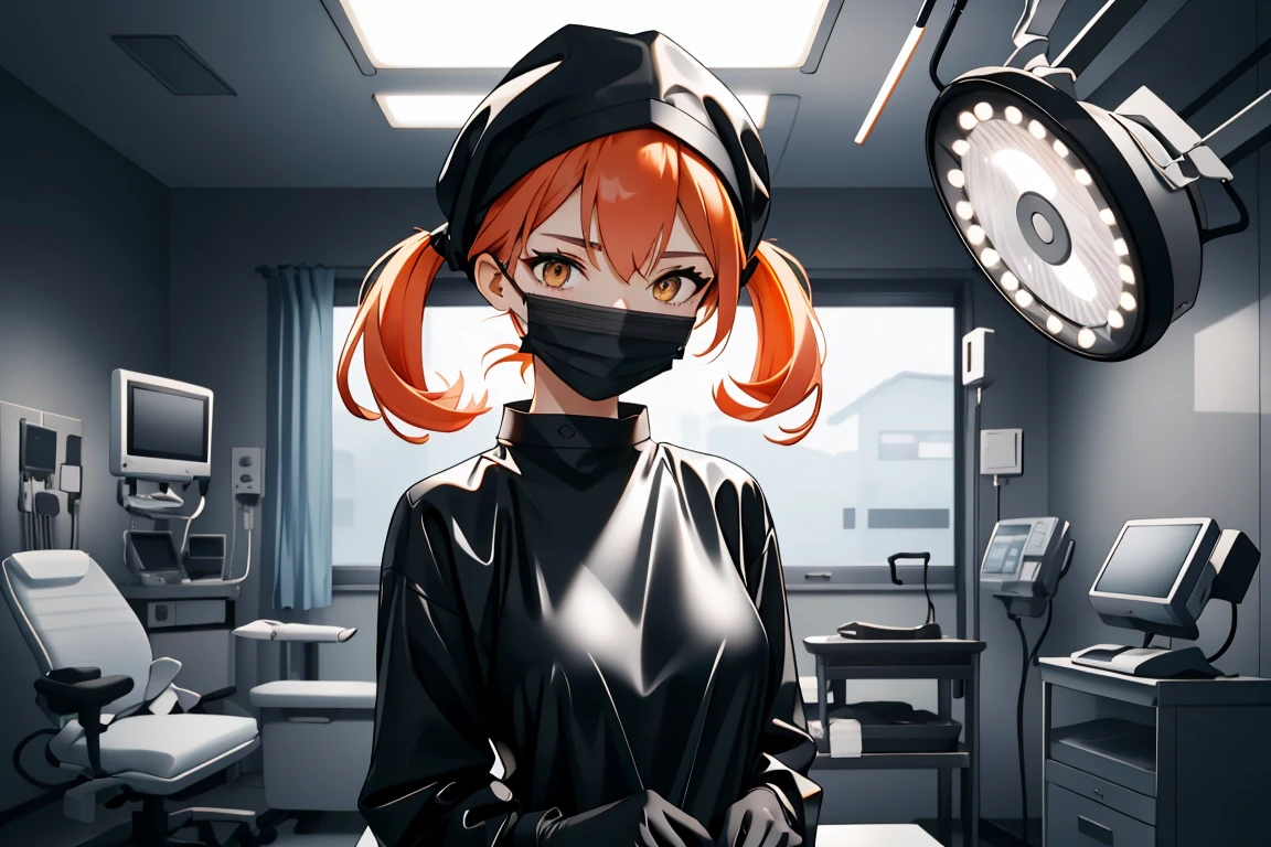 (RAW photo, best quality,facing the viewer,from front), operating room, overhead surgical light,blurred background, focused, dithering,backlighting,
 <lora:CM_doctor_surgeon_blackRubber_V2.0-000004:0.8> doctor_surgblackrubber, 1girl, solo, black dress, black gloves,latex, black headwear, mask, looking at viewer,long sleeves, long dress, 
 <lora:Chika_Naruse_v1.2:0.68> chika naruse,twintails,orange hair,yellow eyes,