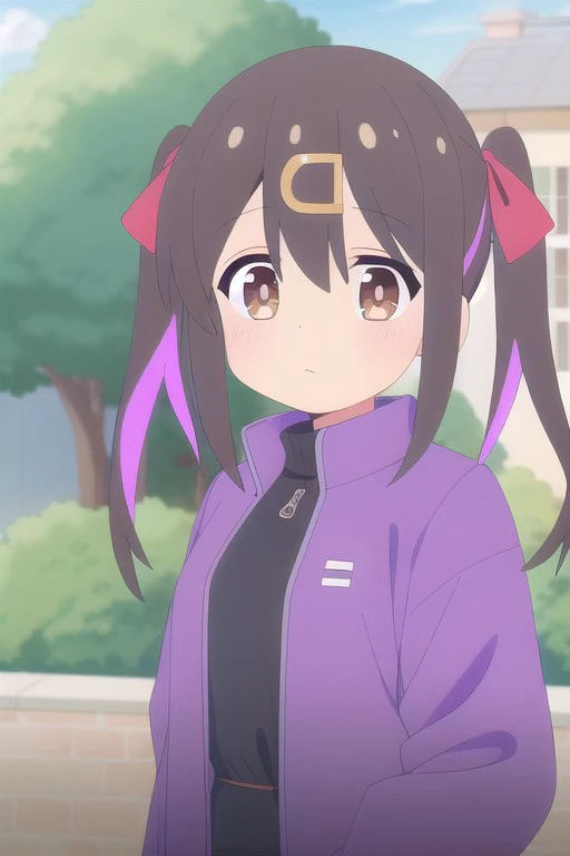 (masterpiece),oyama mihari, hair ornament, hairclip, dark brown hair, brown eyes, purple pigtails, 1girl, solo, twintails, closed mouth,  outdoors, looking at viewer, hair between eyes, jacket