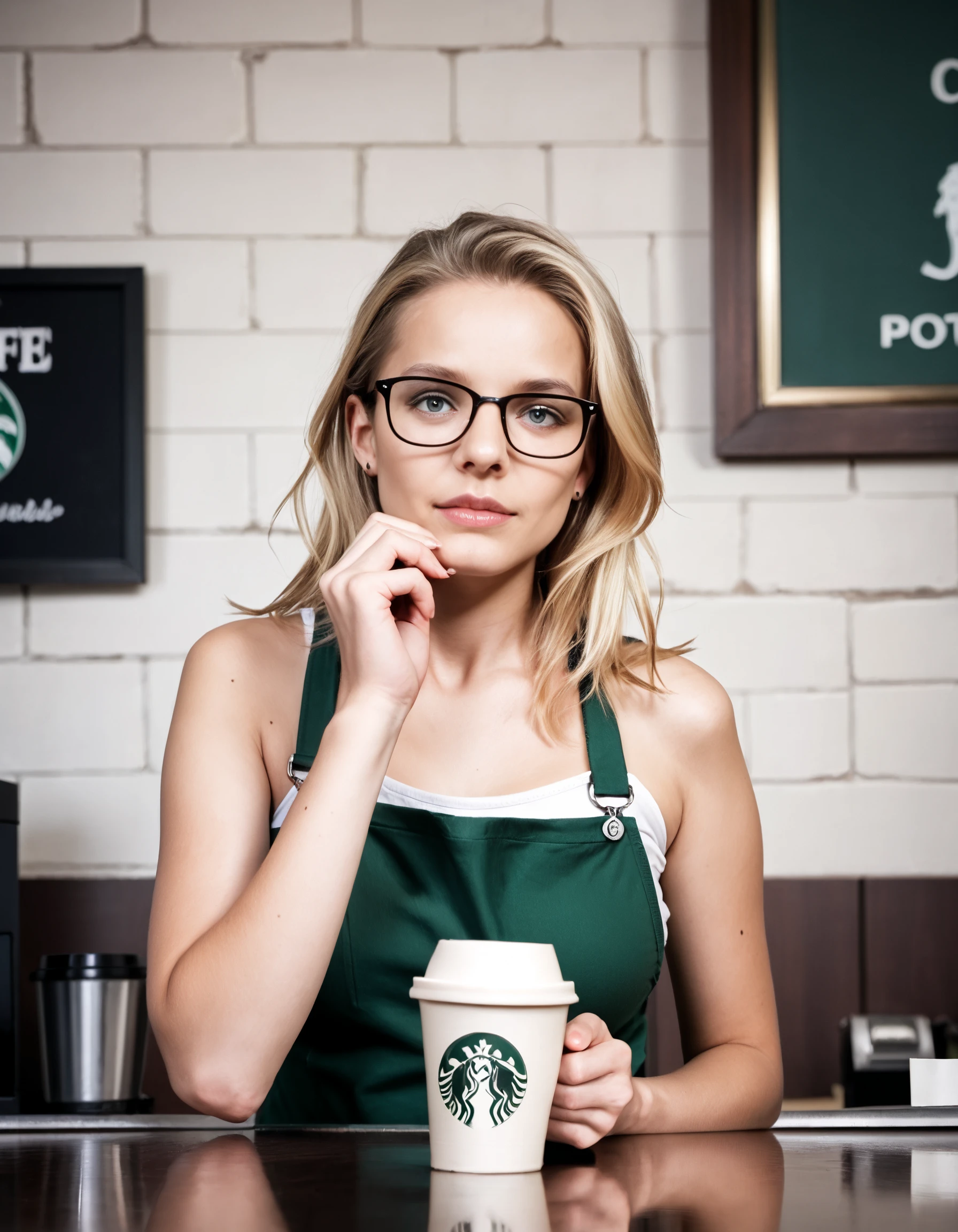 score_9, score_8_up, photo, realistic, photorealistic, 1girl, female, glasses, blonde hair cute, standing, detailed background, coffee shop, portrait, solo